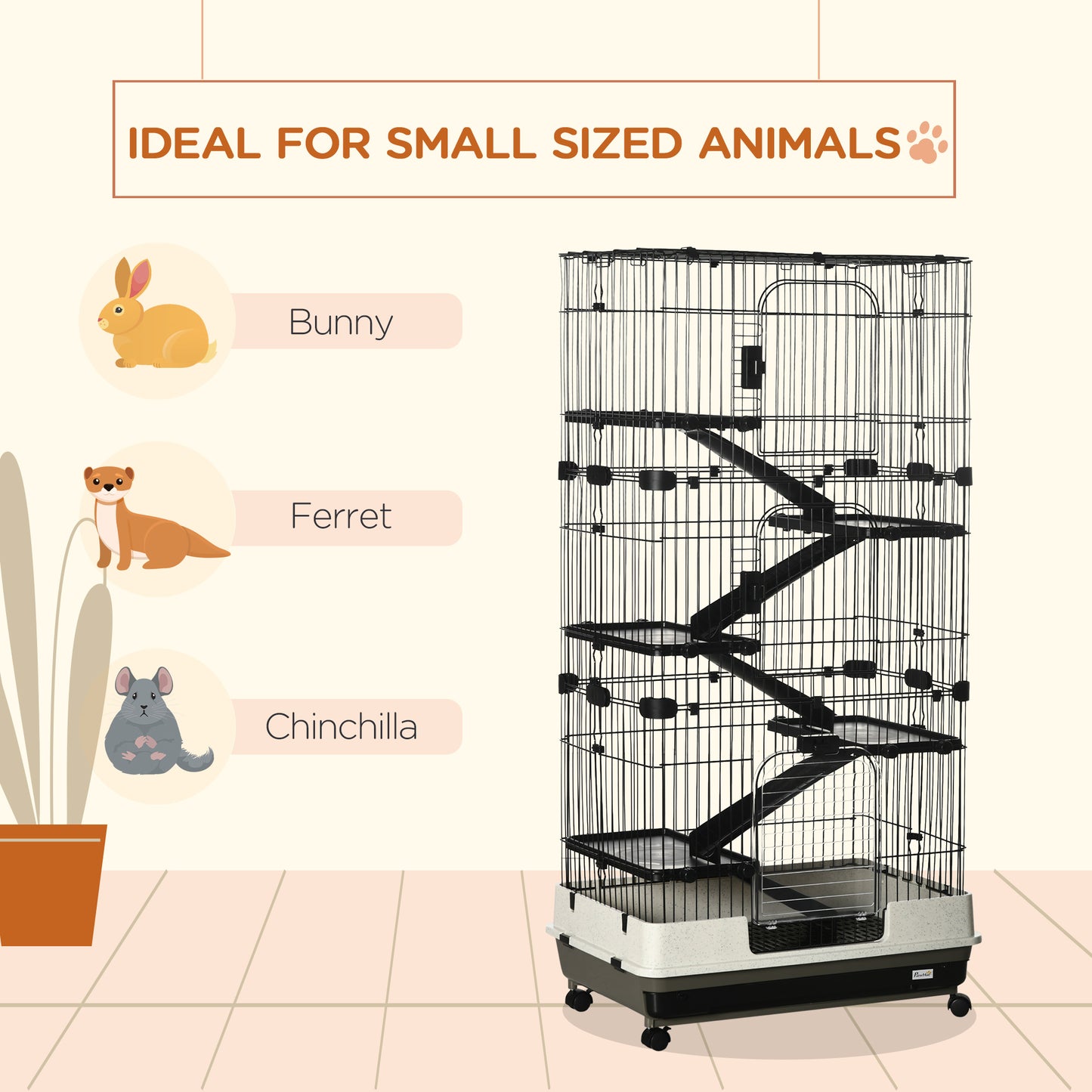 PawHut 32"L 6-Level Small Animal Cage Rabbit Hutch with Universal Lockable Wheels, Slide-out Tray for Bunny, Chinchillas, Ferret, Black