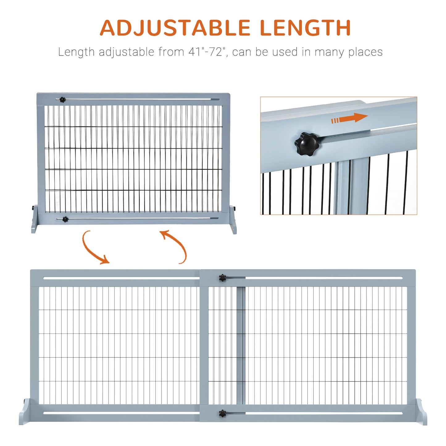 PawHut 72" W x 27.25" H Extra Wide Freestanding Pet Gate with Adjustable Length Dog, Cat, Barrier for House, Doorway, Hallway, Blue-Gray