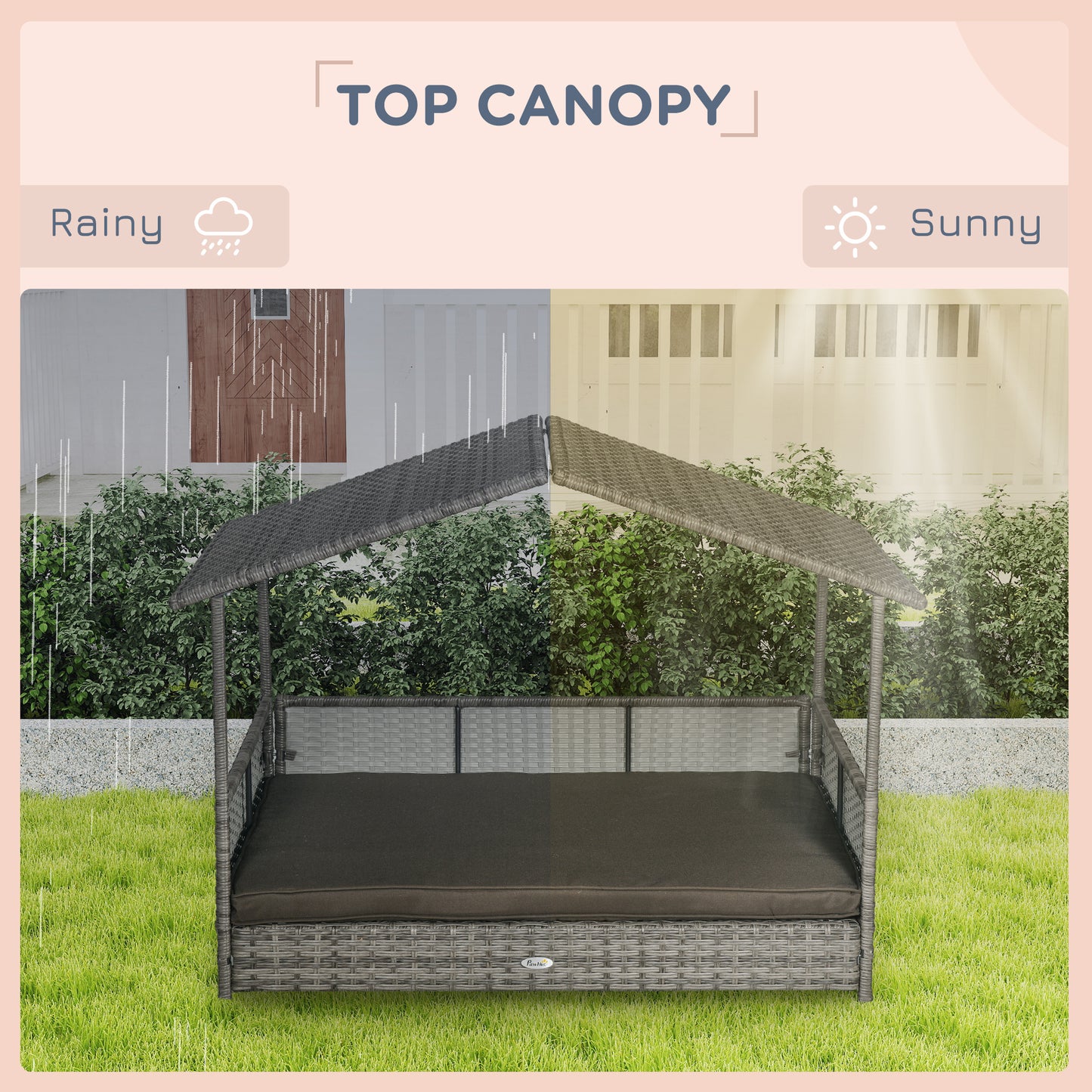 PawHut Outdoor Dog Bed with Canopy, Rattan Dog Bed with Soft Cushion Removable Cover for Medium and Large Dogs, Charcoal Gray