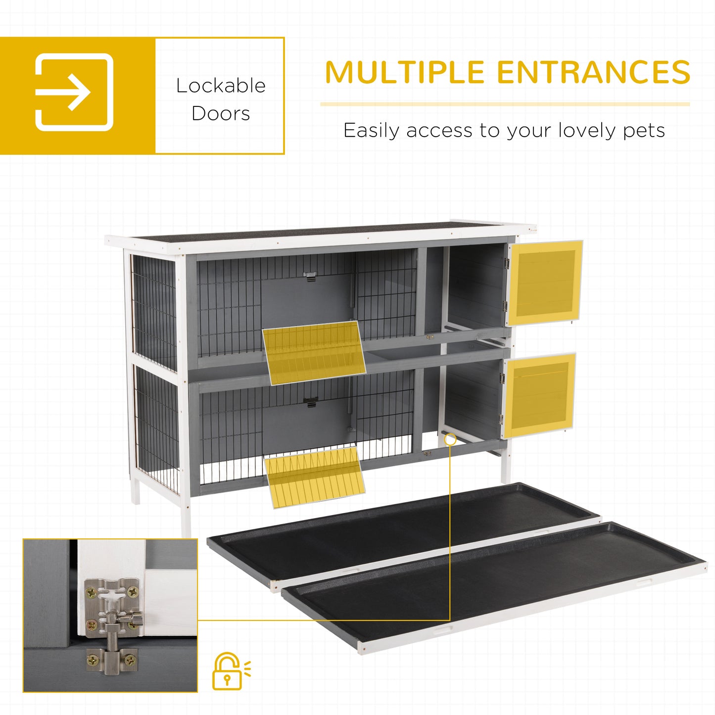 PawHut 54" 2-Story Large Rabbit Hutch Bunny Cage Wooden Pet House Small Animal Habitat with Lockable Doors, No Leak Tray and waterproof Roof for Rabbits, Chickens, Ducks, Outdoor/Indoor Dark Gray
