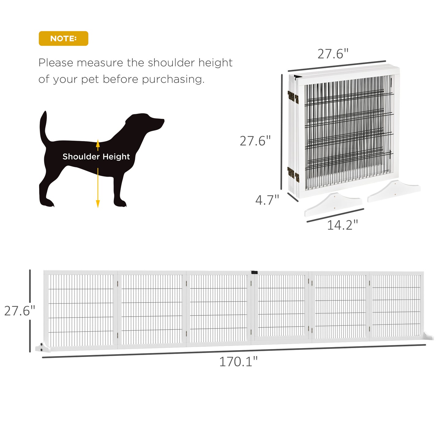 PawHut Wooden Pet Gate, 6-Panel Folding Dog Safety Barrier with Support Feet for Small & Medium Dogs, White