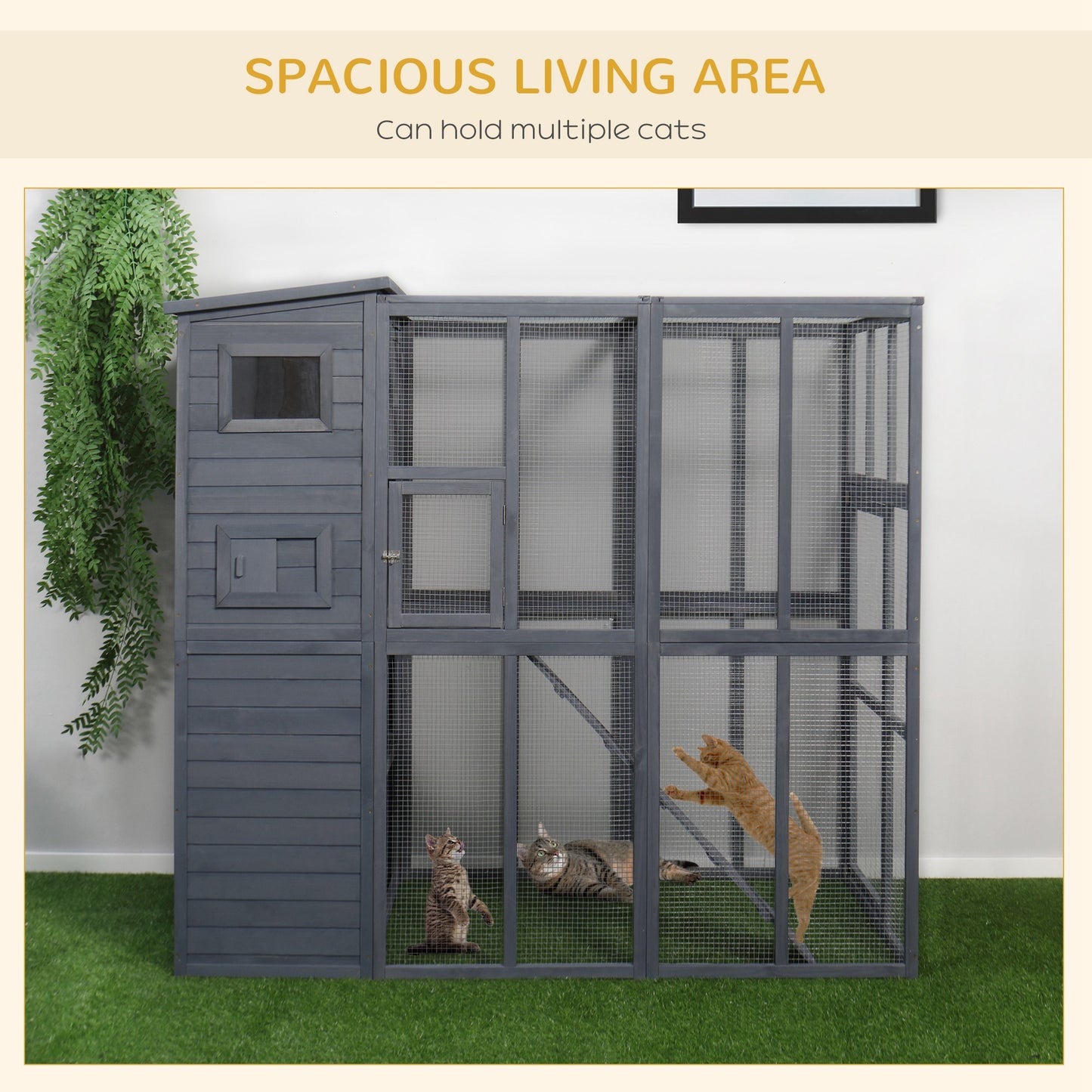 PawHut Wooden Outdoor Catio with Platforms, Asphalt Roof, Ramps, Gray