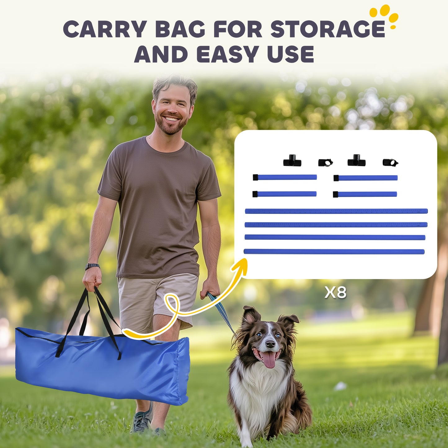 PawHut 8 Piece Dog Agility Set with Adjustable Height Jump Bars, Carry Bag, Displacing Top Bar, Blue