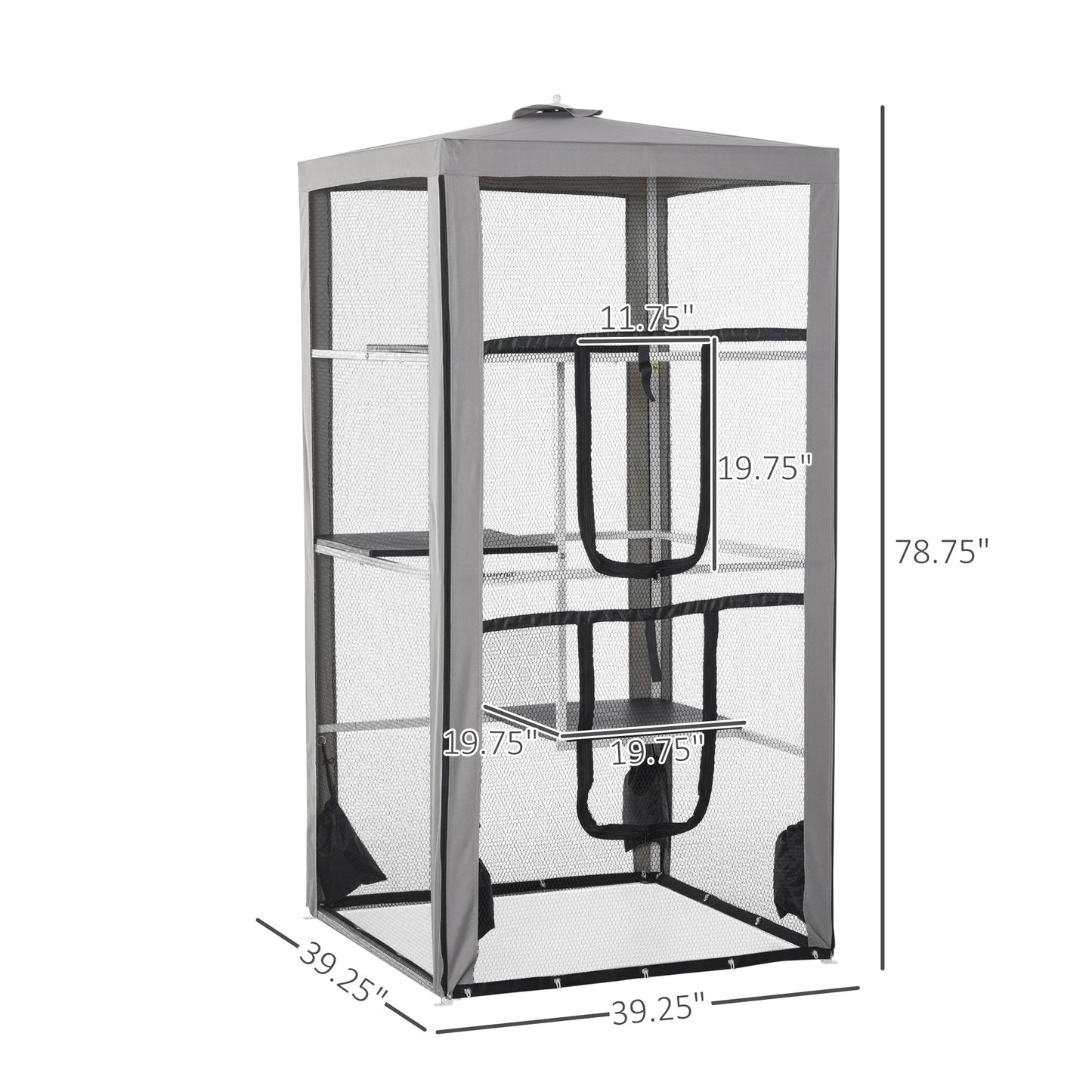 PawHut 79"H Cat House Kitten Enclosure Mesh Playpen Steel Frame with 3 Platforms, 2 Doors and 4 Sandbags for Stability, Indoor/Outdoor