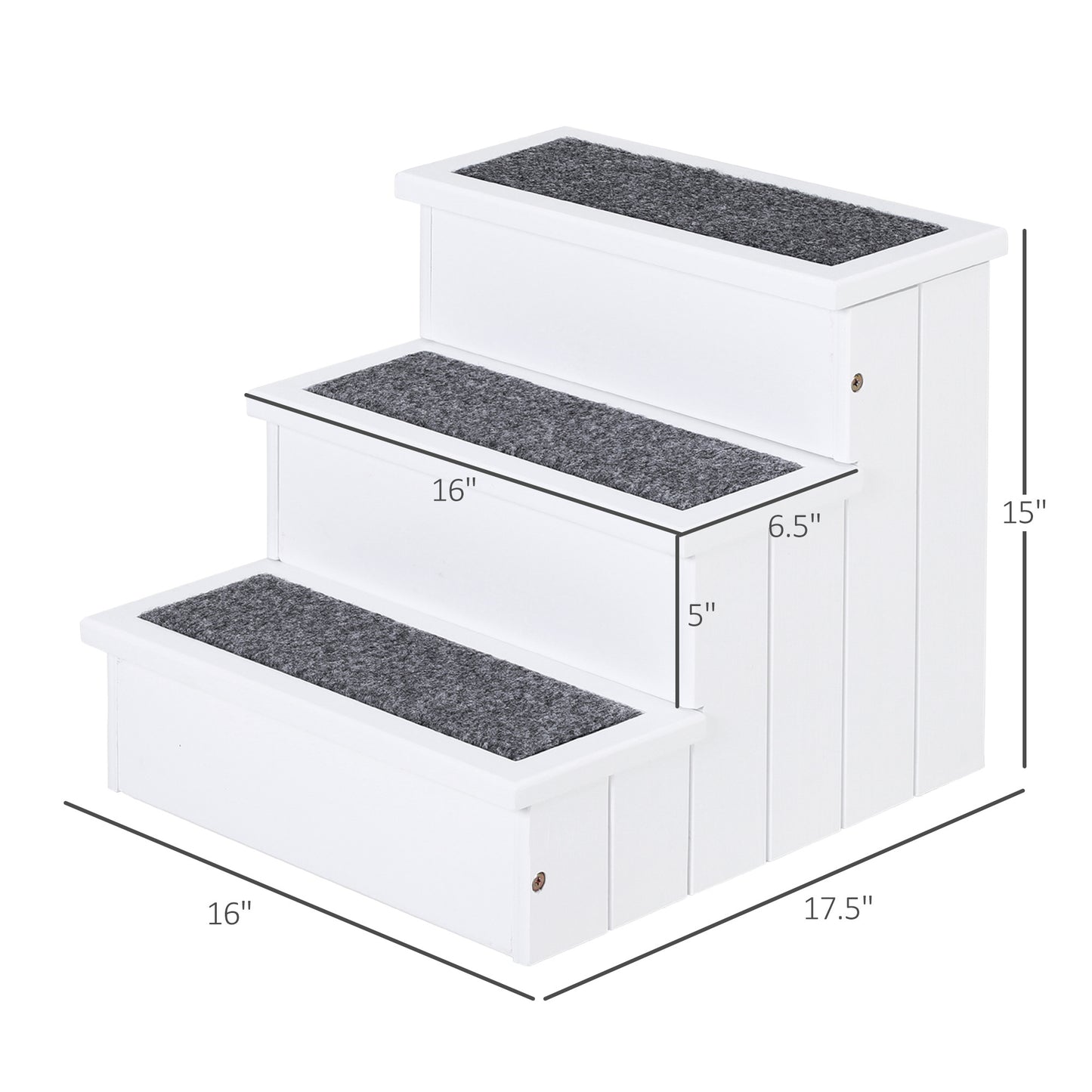 PawHut 3 Step Wooden Carpeted Non Slip Pet Stairs Ramp for Cats and Small Dogs - White