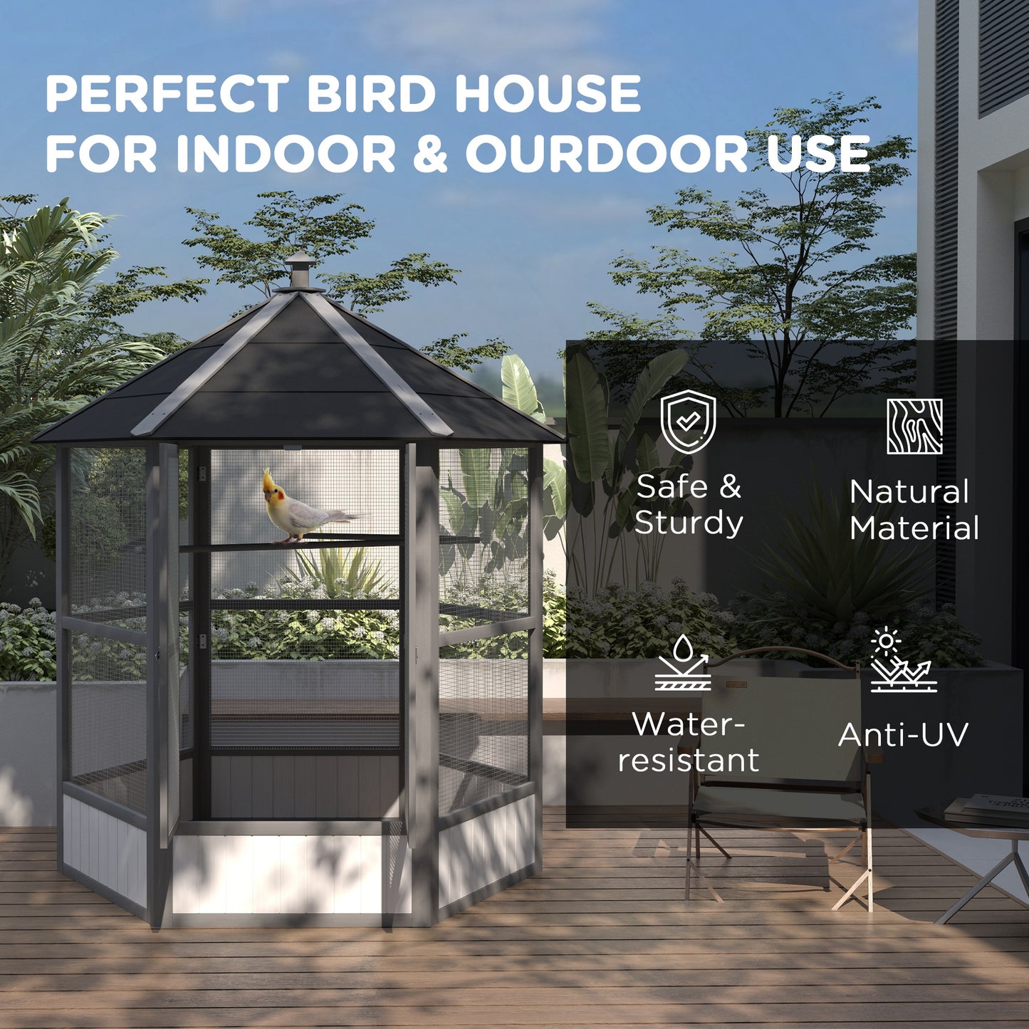 PawHut 69" Wooden Hexagonal Outdoor Aviary Flight Bird Cage With Covered Roof, Light Gray