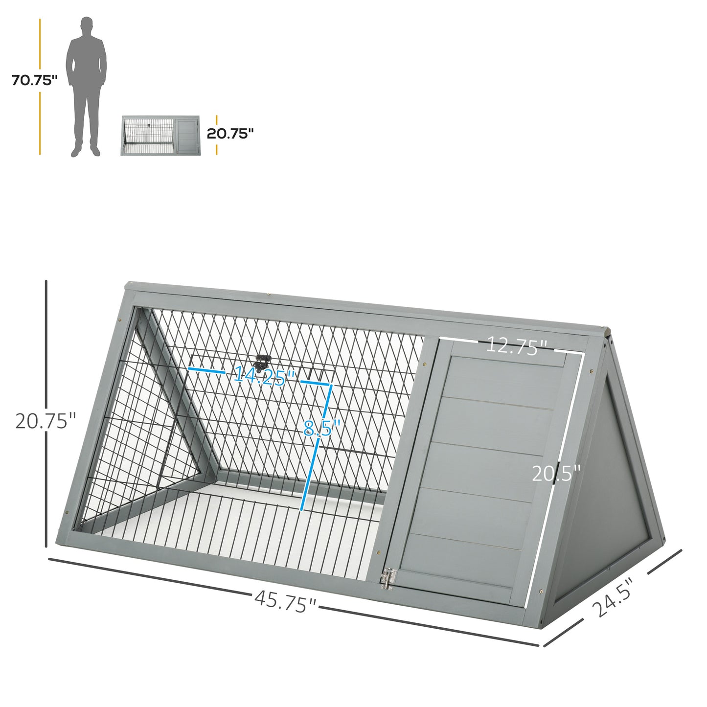 PawHut 46" x 24" Wooden A-Frame Outdoor Rabbit Hutch, Small Animal Cage, Bunny Hutch with Outside Run & Ventilating Wire, for Rabbits, Chickens, Ducks, Gray