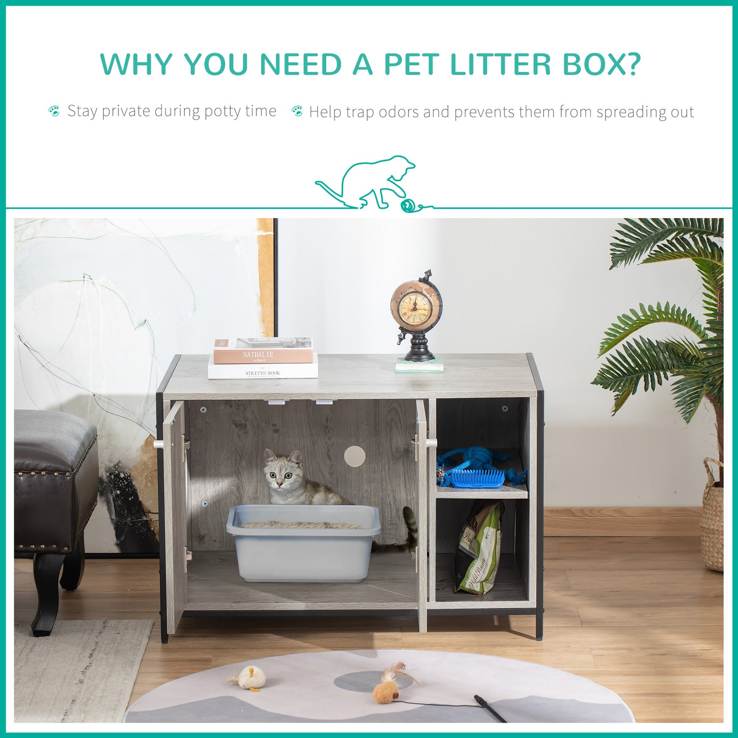 PawHut Large Wooden & Steel Cat Litter Box Enclosure, Kitten Washroom End Table, Indoor Hidden Cat House with Magnetic Doors & Storage Shelves, Gray