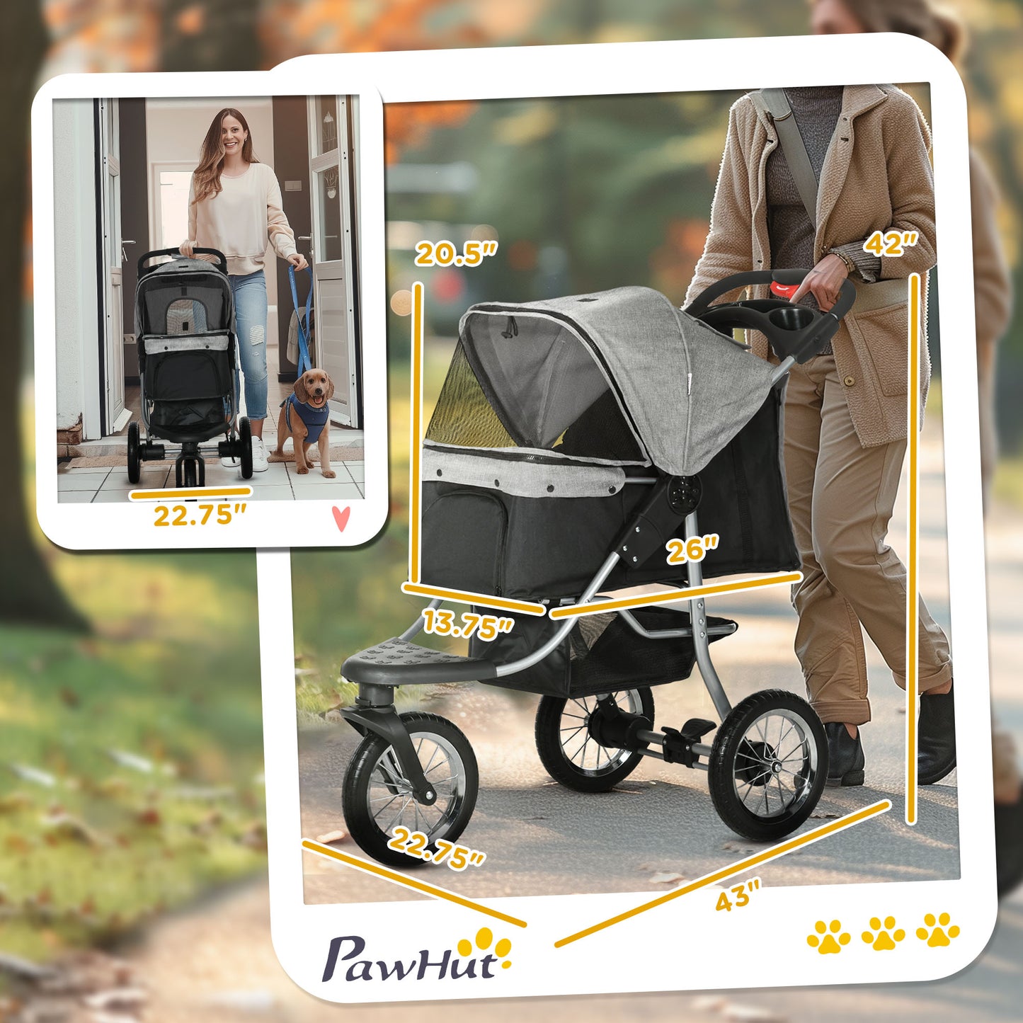 PawHut Luxury One-click Folding Pet Stroller Dog/Cat Travel Carriage with Wheels Adjustable Canopy Zippered Mesh Window Door Grey and Black