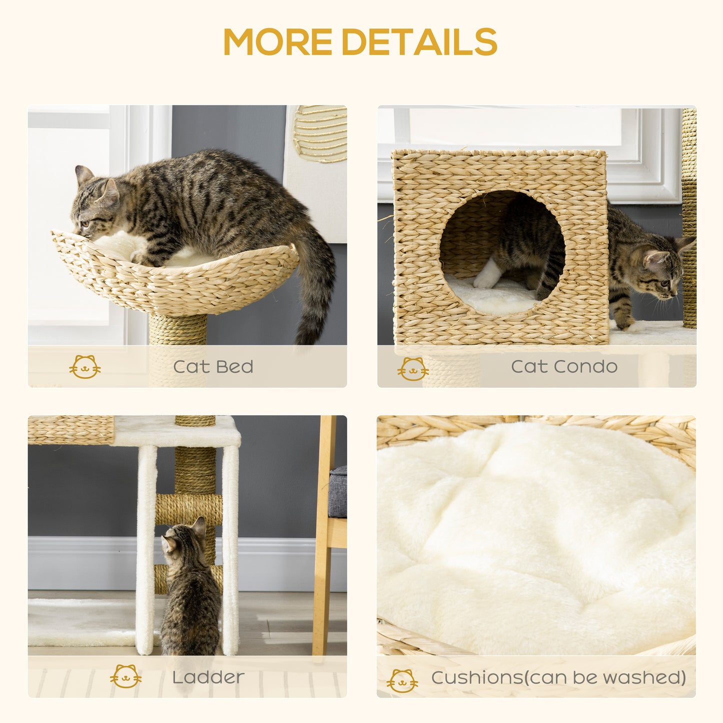 PawHut Cattail Weave Cat Tree for Indoor Cats Kitty Tower with Rattan Cat Condo, Wicker Bed, Ladder, Washable Cushions, 22.5" x 14.5" x 39.5", Natural