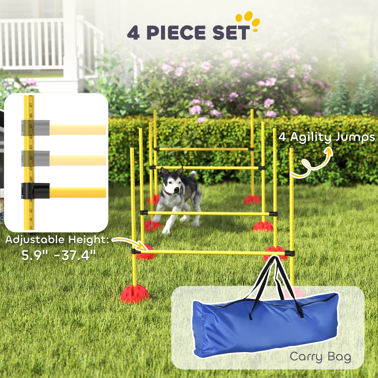 PawHut 4 Piece Dog Agility Course Backyard Set with 4 Height Adjustable Dog Agility Jumps, Carry Bag, Yellow