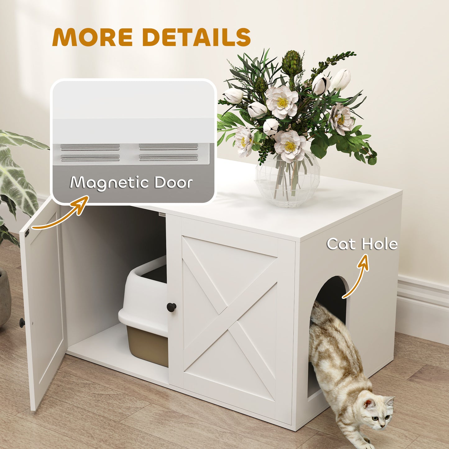 PawHut Cat Litter Box Enclosure with Barn Door, Cat Hole, 31.5" x 21" x 20", White