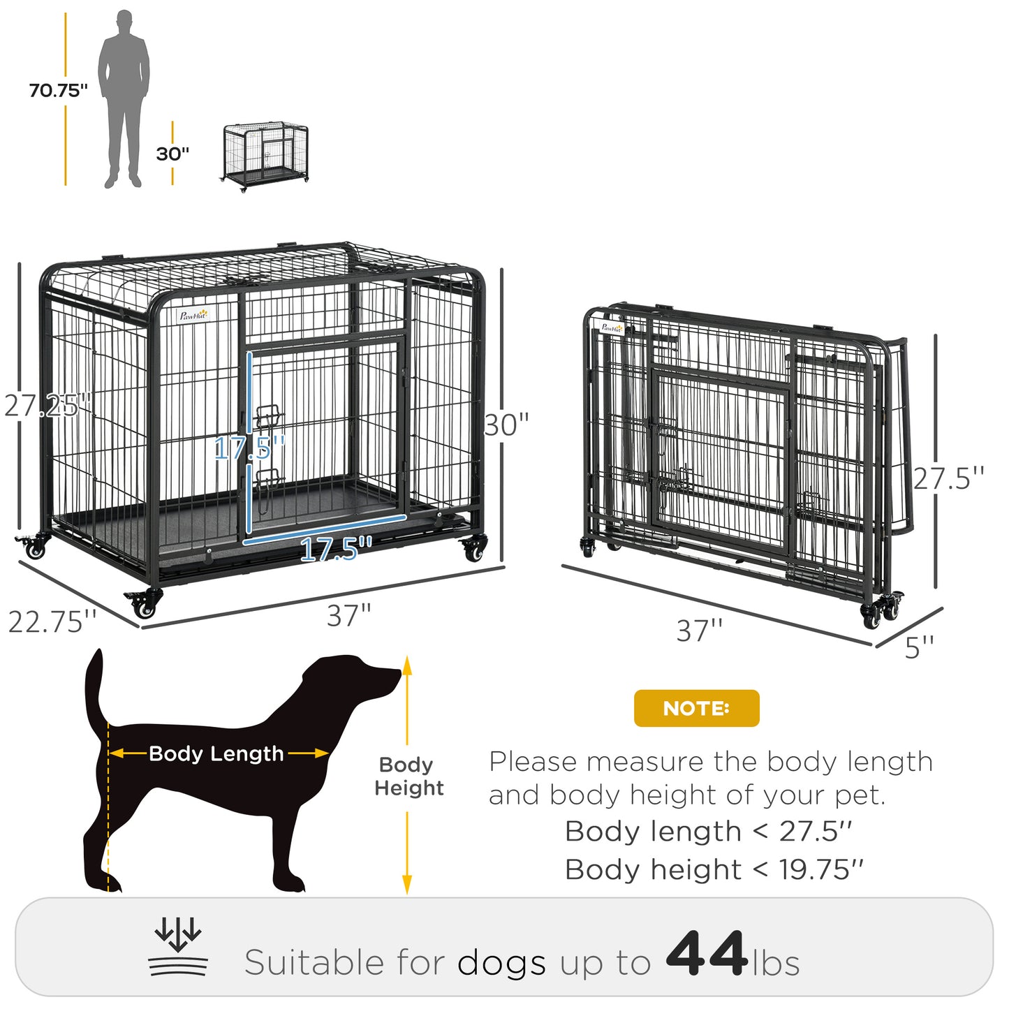 PawHut Folding Design Metal Dog Crate & Heavy Duty Kennel with Removable Tray 4 Locking Wheels 37" x 22.75" x 27.25"