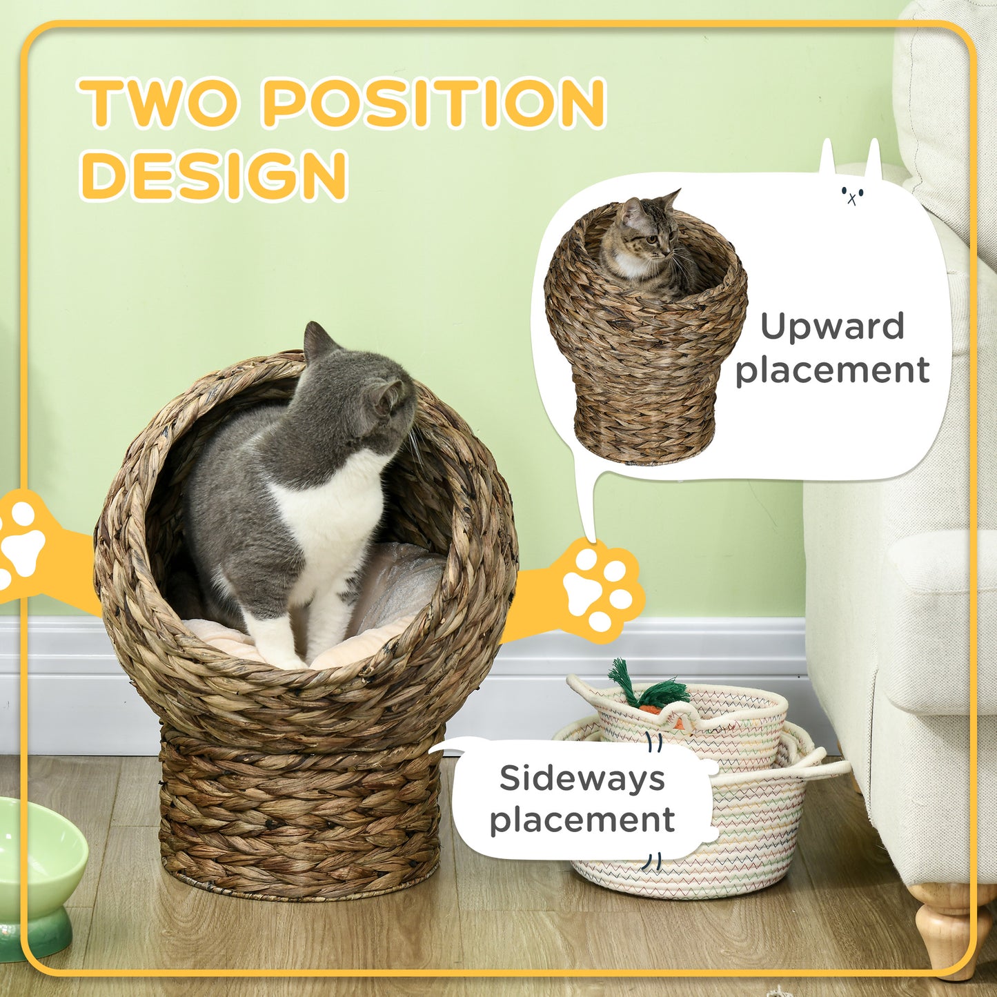 PawHut Handwoven Elevated Cat Bed with Soft Cushion & Cat Egg Chair Shape, Cat Basket Bed Kitty House with Stand, Raised Wicker Cat Bed for Indoor Cats, 20.5" H, Gray