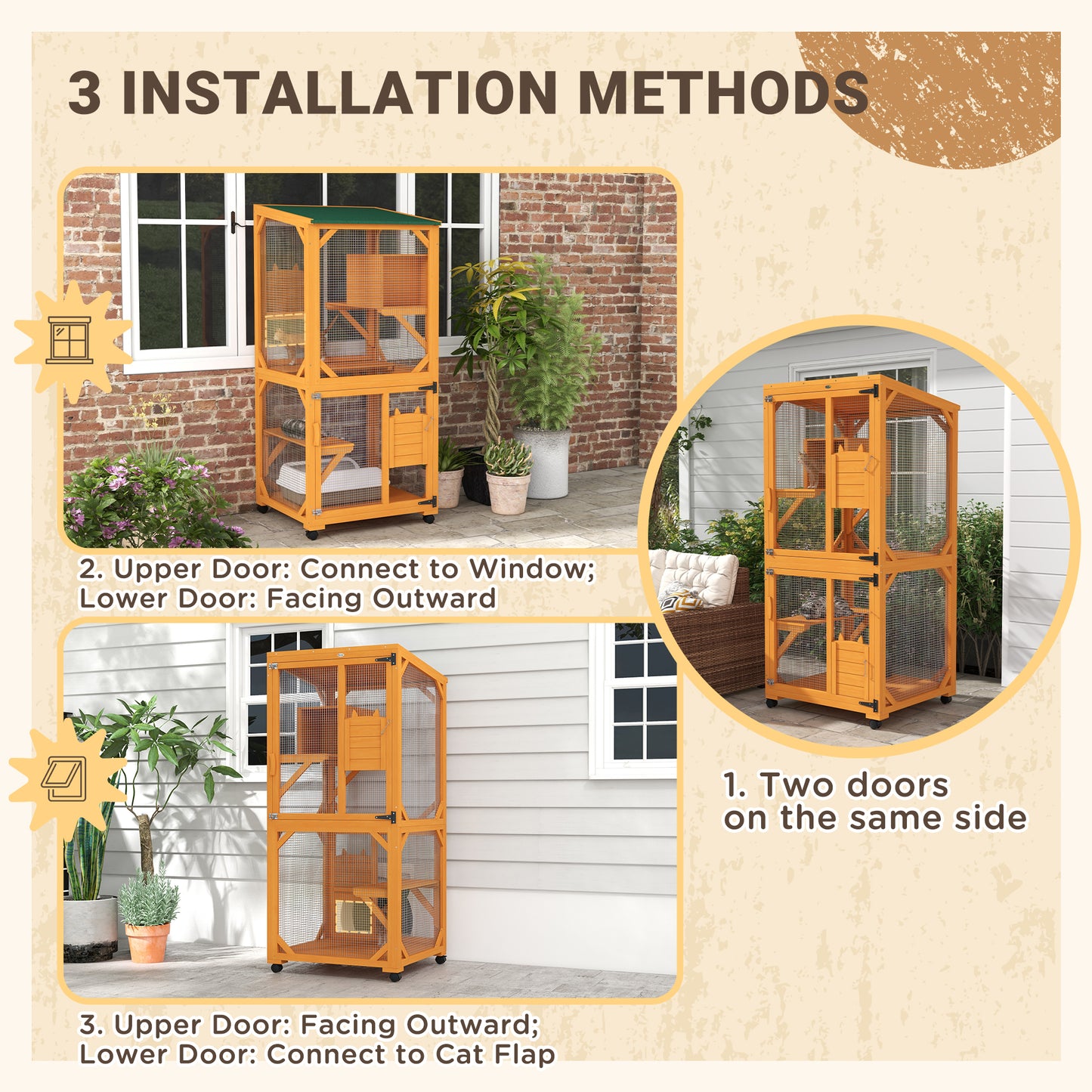 PawHut Large Cat House for 1-3 Cats on Wheels Wooden Catio Enclosure Orange