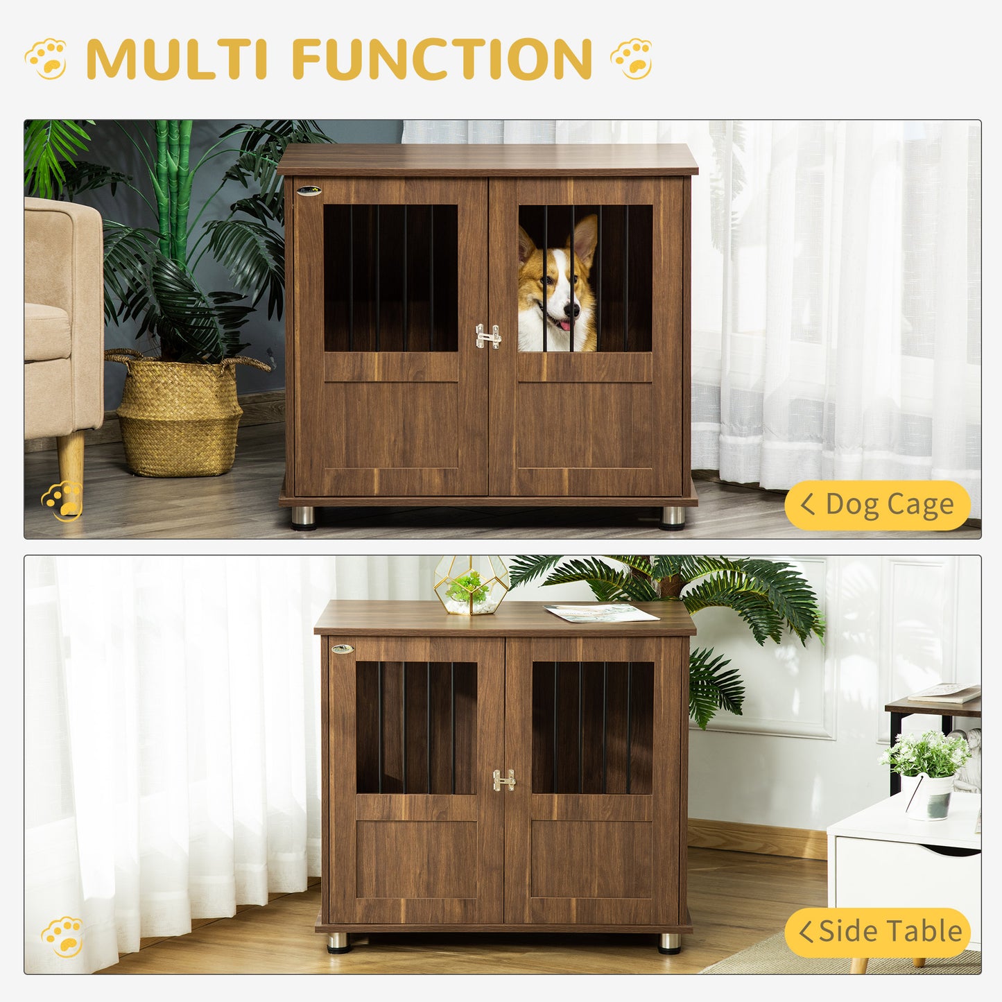 PawHut Dog Crate Furniture, Wooden End Table Furniture with Lockable Magnetic Doors, Small & Medium Size Pet Kennel Indoor Animal Cage, Brown