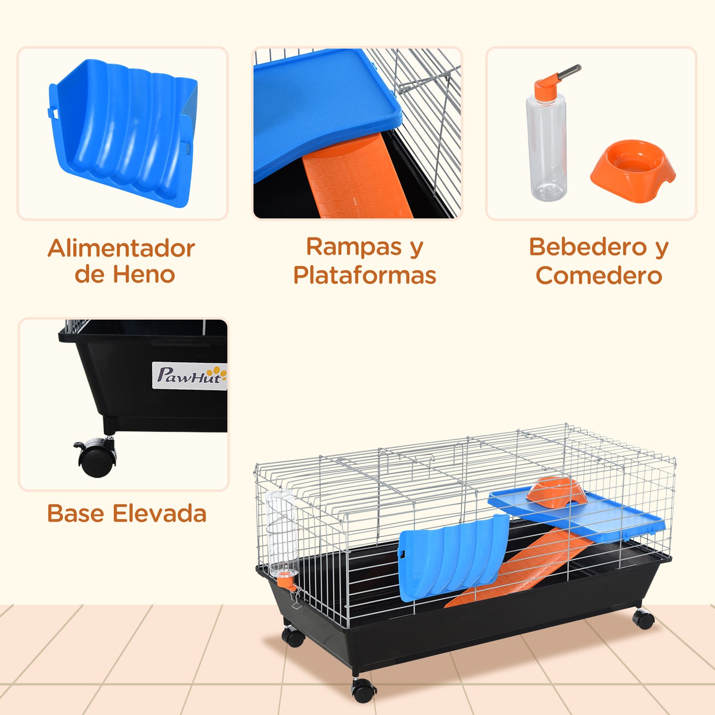 PawHut 35"L Small Animal Cage with Food Dish, Water Bottle, Hay Feeder, Platform, Ramp for Chinchilla, Black
