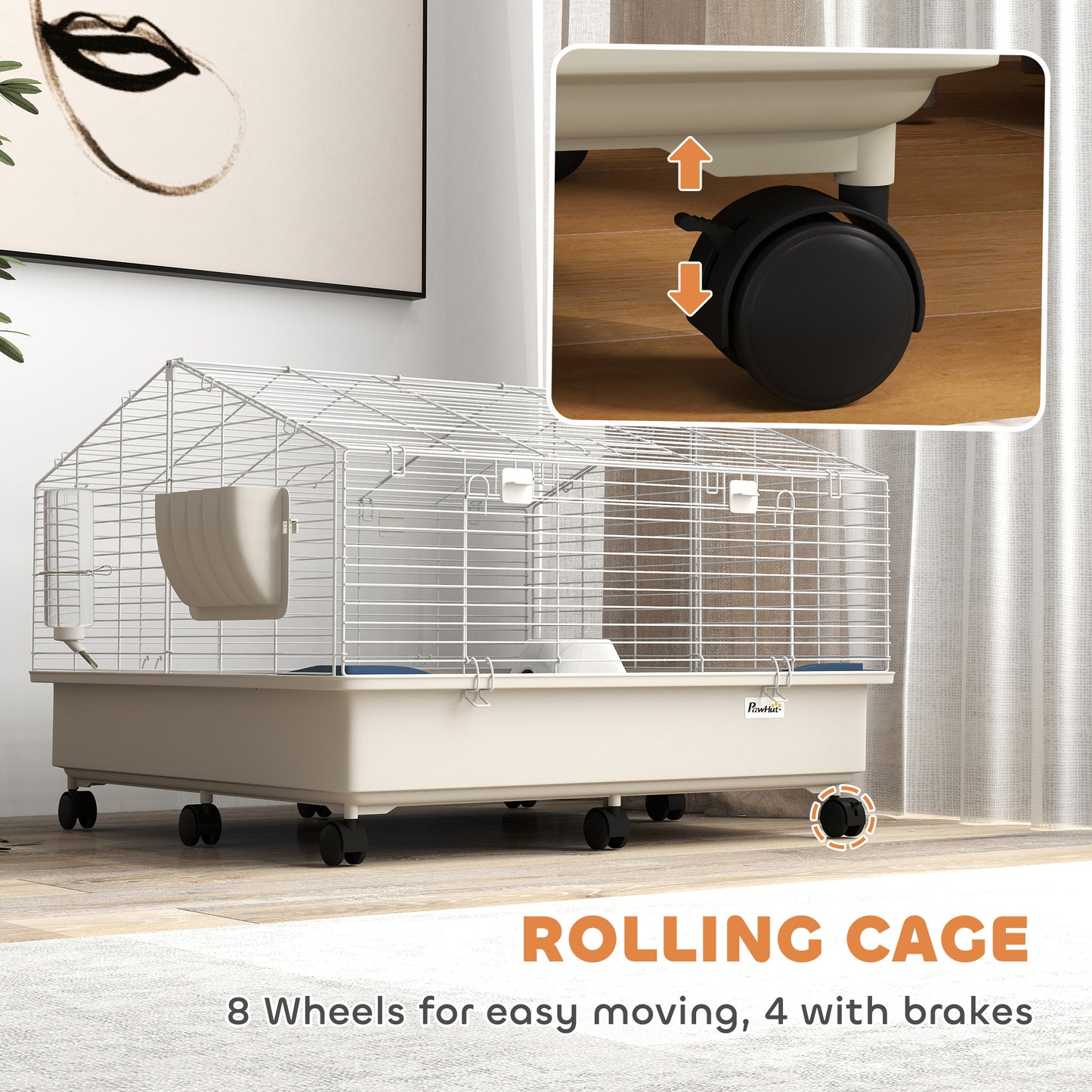 PawHut Rolling Small Animal Cage w/Water Bottle, Hay Feeder & Food Dish