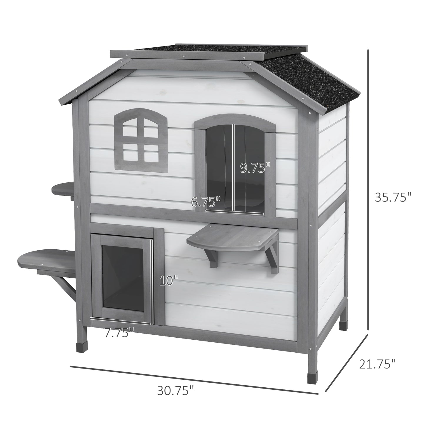 PawHut 2-story Cat House Outdoor, Weatherproof Wooden Cat Enclosure for Feral Cats with Escape Door, Openable Roof, Jumping Platforms, White