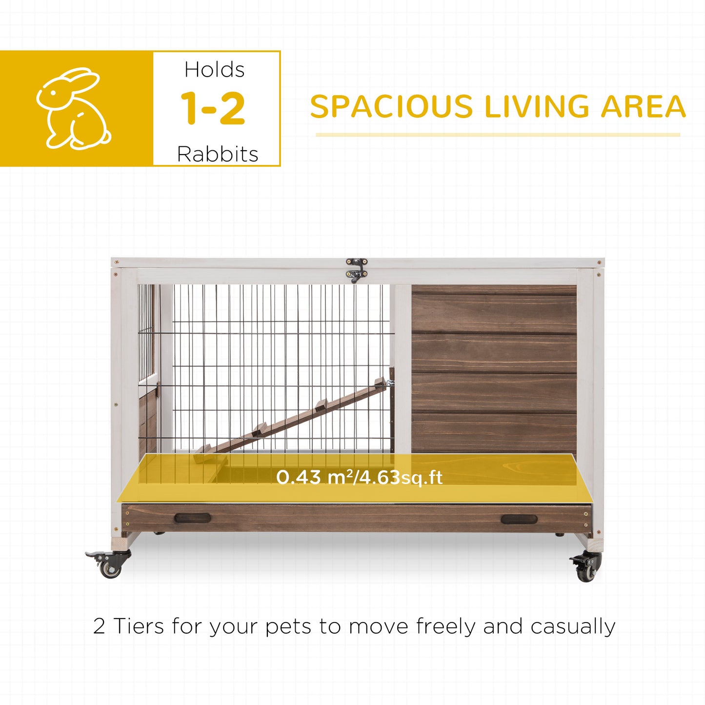 PawHut Indoor Rabbit Enclosure, on Wheels, Indoor Bunny Cage Small Animal House with Pull Out Tray Casters Ramp, 35.5" x 21" x 23", Brown