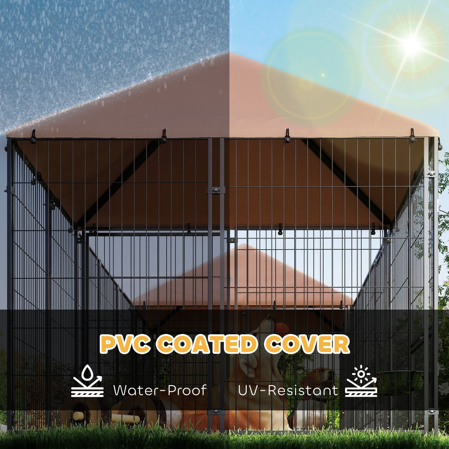 PawHut Large Outdoor Dog Kennel with 2 Rooms, Rotating & Adjustable Height Bowls, Waterproof & UV-Resistant Canopy