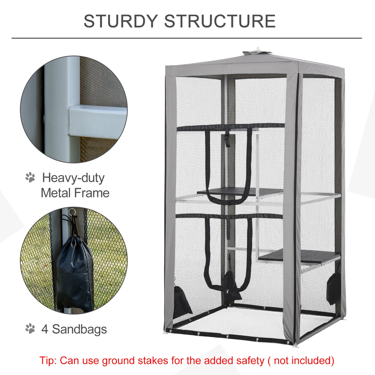 PawHut 79"H Cat House Kitten Enclosure Mesh Playpen Steel Frame with 3 Platforms, 2 Doors and 4 Sandbags for Stability, Indoor/Outdoor