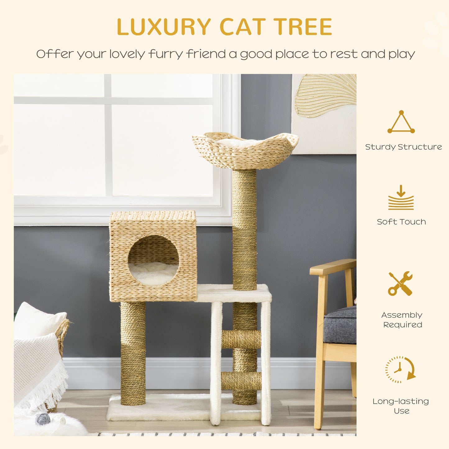 PawHut Cattail Weave Cat Tree for Indoor Cats Kitty Tower with Rattan Cat Condo, Wicker Bed, Ladder, Washable Cushions, 22.5" x 14.5" x 39.5", Natural