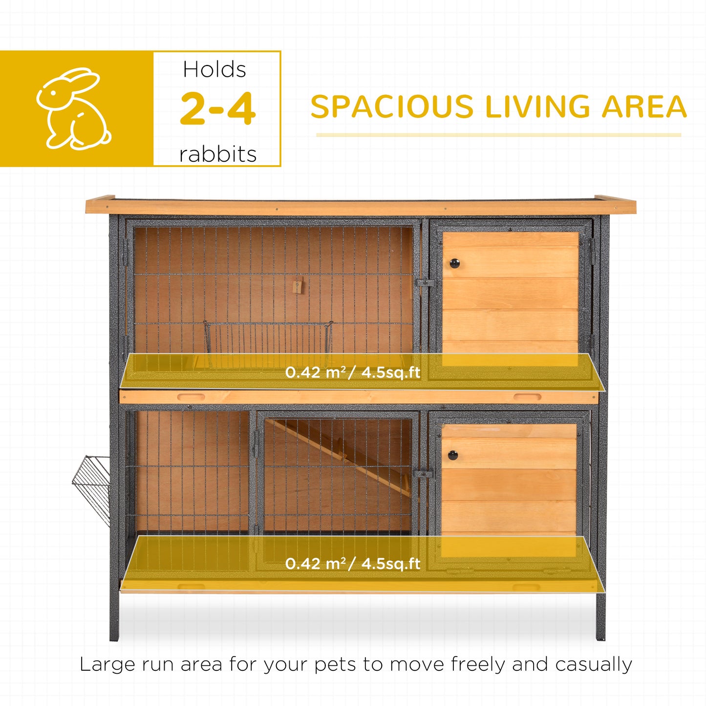 PawHut 48" 2-Story Large Rabbit Hutch Bunny Cage Wooden Pet House Metal Frame with Rooms, Ramp, No Leak Tray, Feeding Trough, Waterproof Asphalt Roof for Rabbits, Chickens, Ducks, Outdoor/Indoor