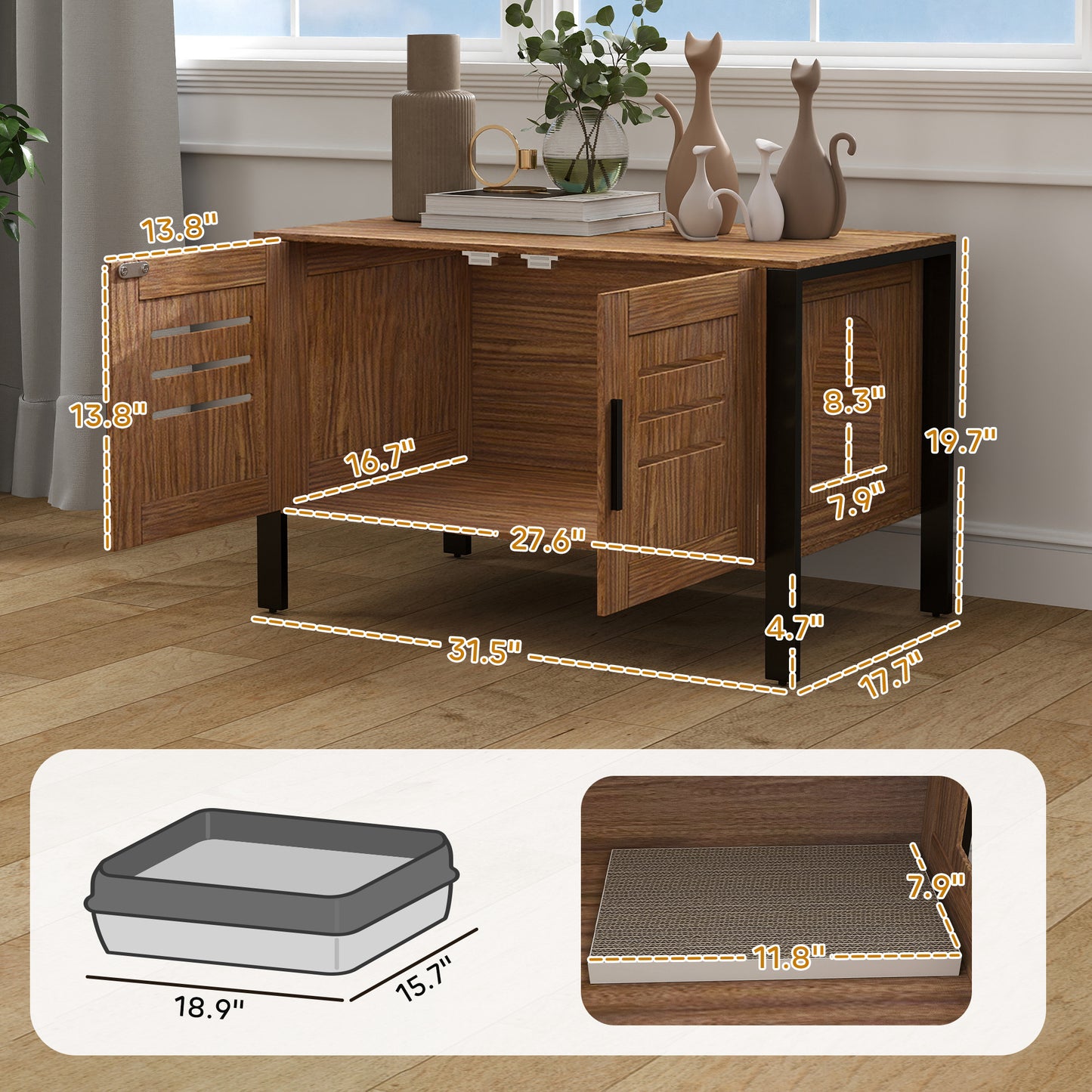 PawHut Cat Litter Box Enclosure w/ Scratching Board – Dark Brown (31.5")