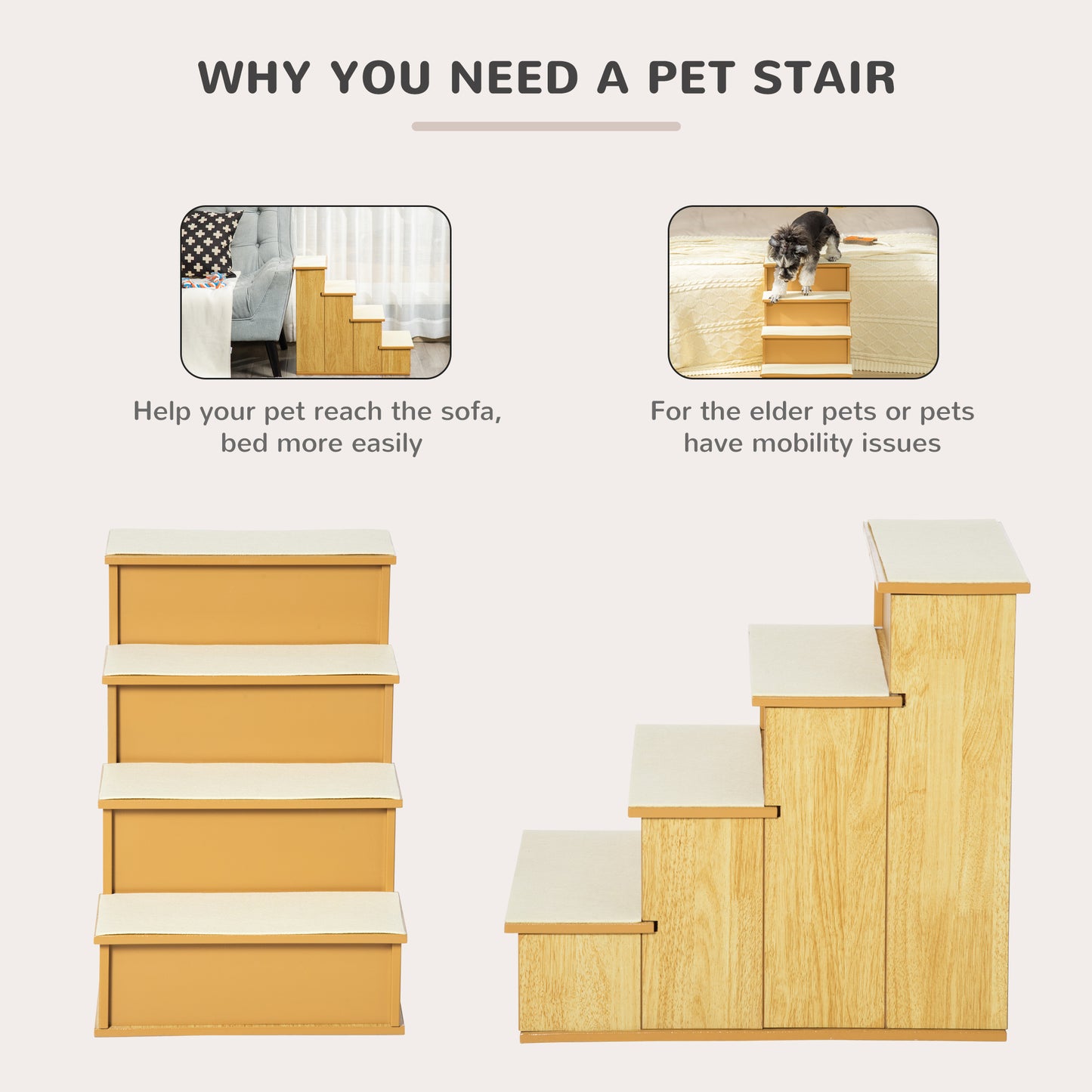 PawHut Pet Stairs, Small Pet Steps with Cushioned Removable Covering for Dogs and Cats Up To 22 lbs, Natural