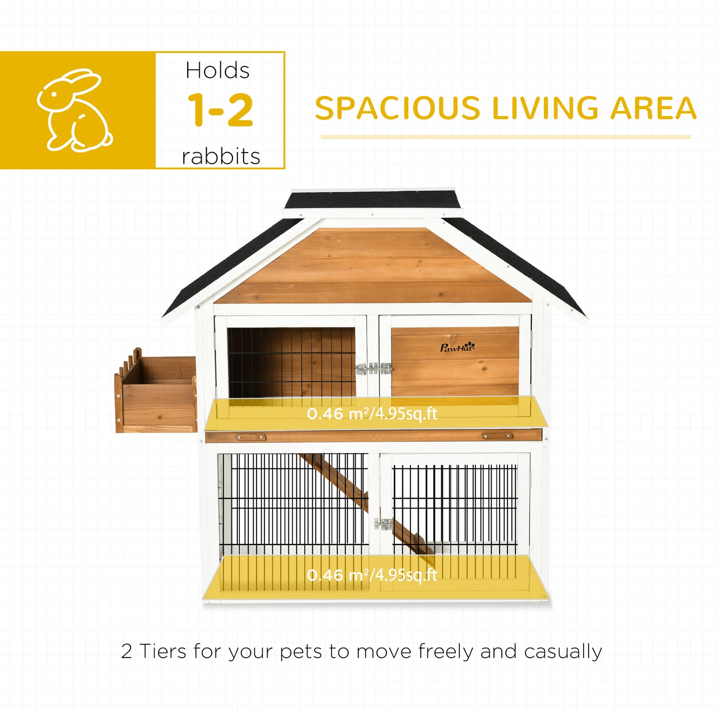 PawHut Rabbit Hutch Outdoor for 2 Rabbits, Wooden Rabbit Cage with Flower Bed, Removable Tray, Ramp