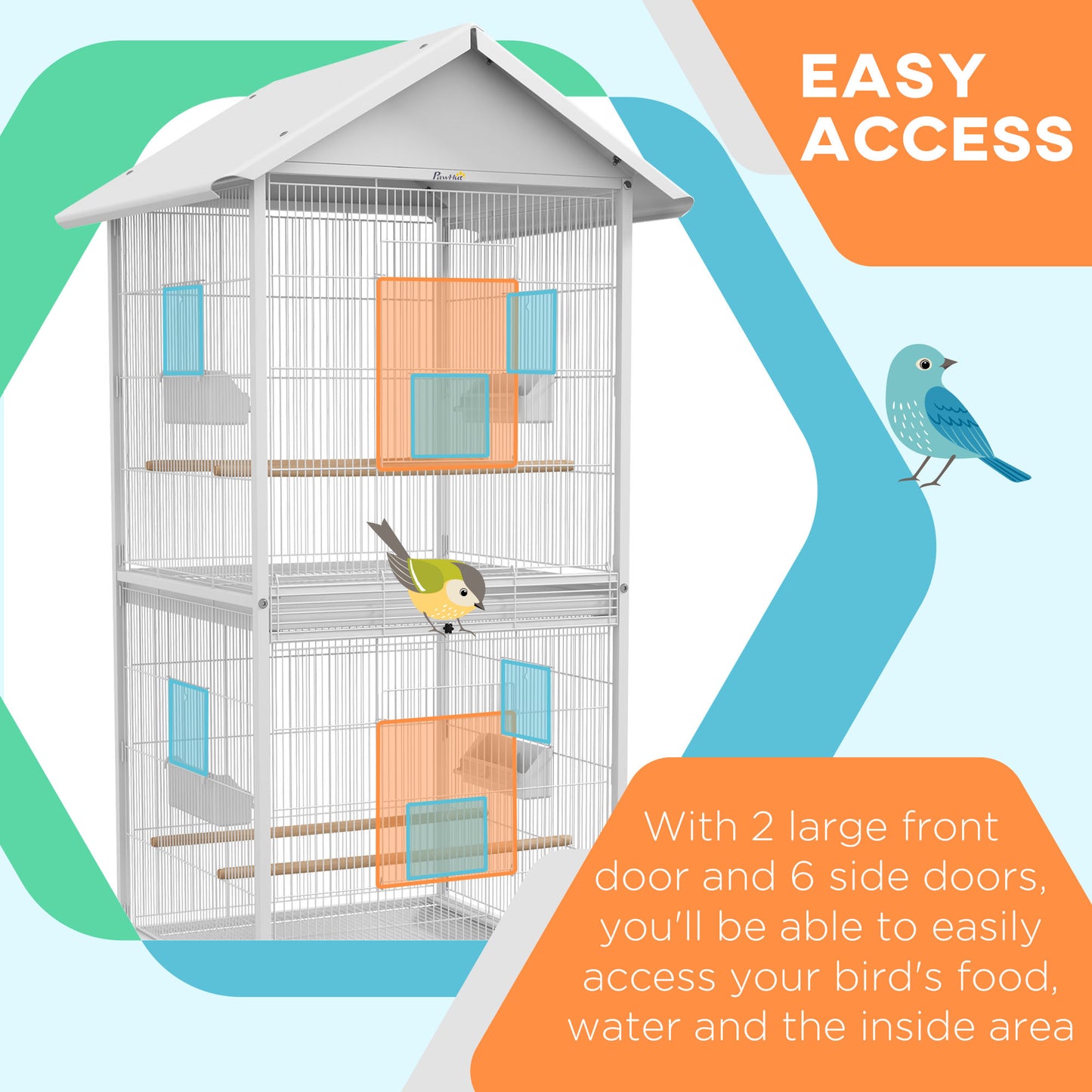 PawHut Wrought Metal Bird Cage Feeder with Rolling Stand Perches Food Containers Doors Wheels 67" H, White