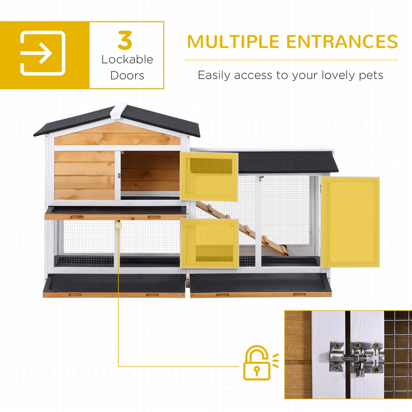 PawHut 62" Rabbit Hutch, Wooden Bunny Hutch, Guinea Pig Cage, Small Animal Enclosure with Run Area, Removable Tray, Asphalt Roof, Lockable Doors and Ramp, for Rabbits, Chickens, Ducks, Nature Wood