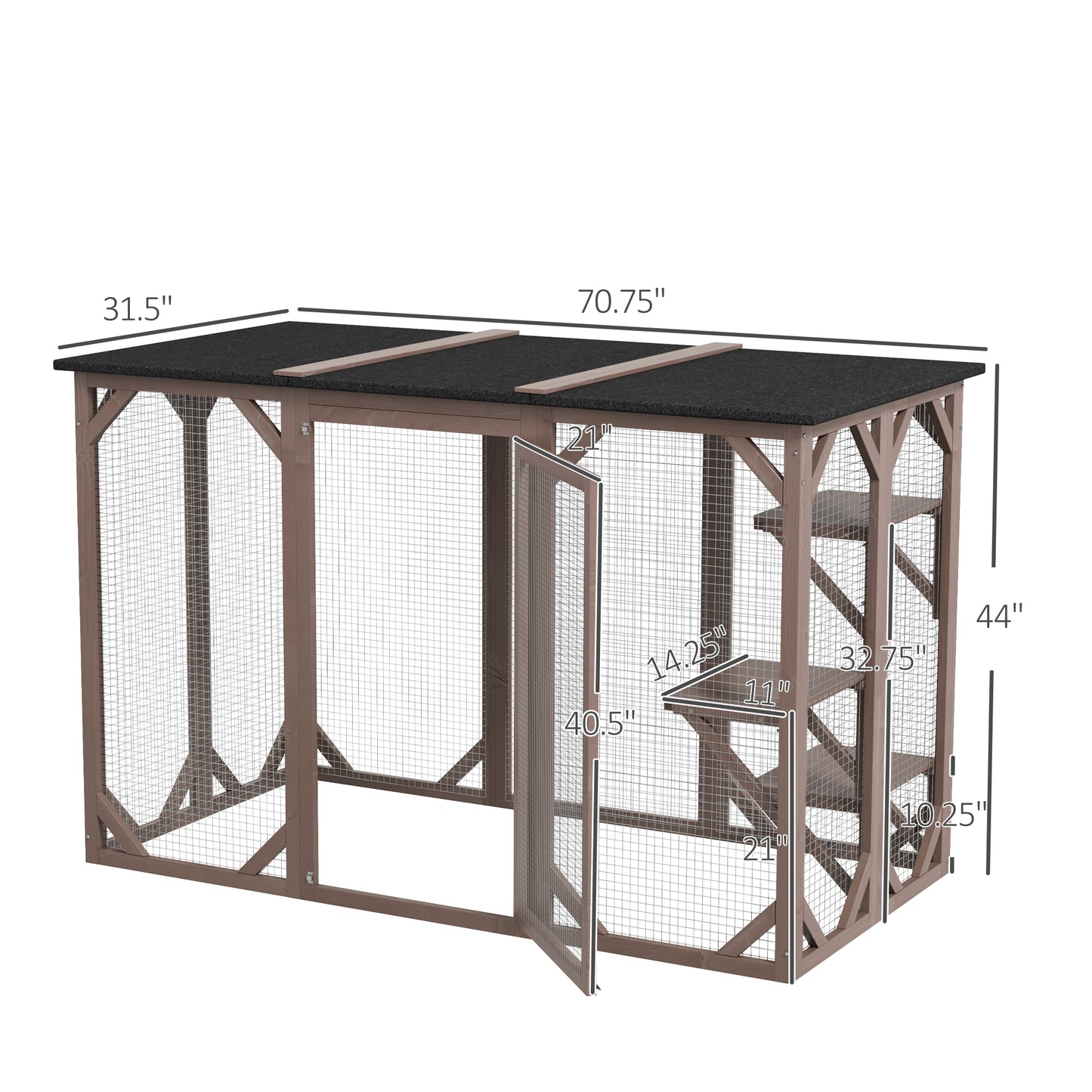 PawHut Outdoor Cat House, Catio Wooden Feral Cat Shelter, Cat Cage with Platforms, Large Enter Door, Weather Protection Asphalt Roof, 71" L, Brown