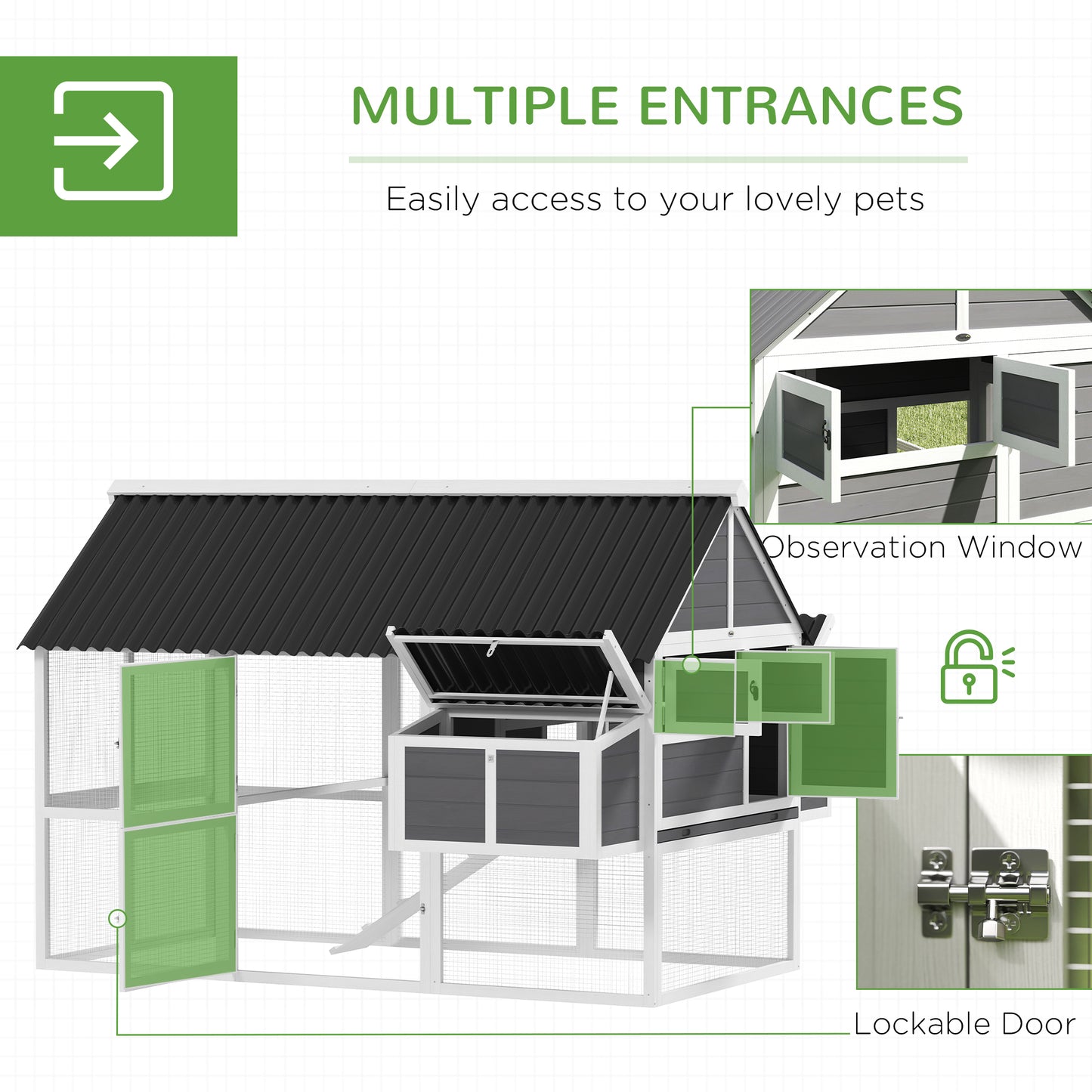 PawHut Wooden Chicken Coop with Run, 2 Nesting Boxes, 2 Roosting Bars, Ramp & Tray, Poultry Cage for 6-8 Chickens, Gray