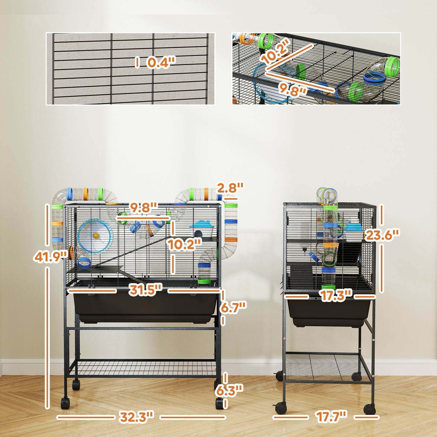 PawHut 3 Tier Hamster Cage, Rolling Rat Cage with Deep Tray, Storage Shelf, Big Exercise Wheel, Hut, Tube System