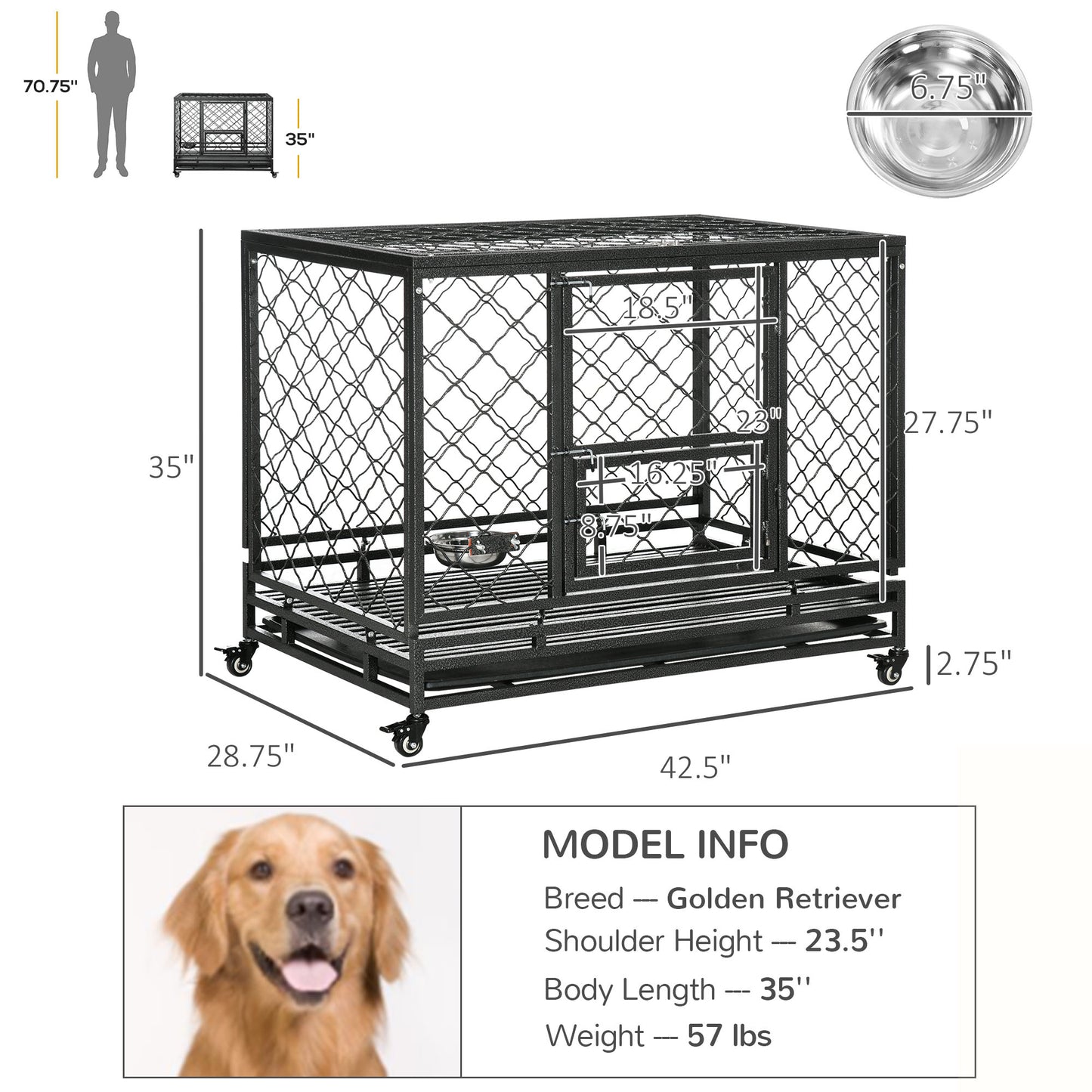 PawHut Heavy Duty Dog Crate, Metal Dog Cage Kennel with Lockable Wheels, Slide-Out Tray, Food Bowl and Double Doors, 42.5"