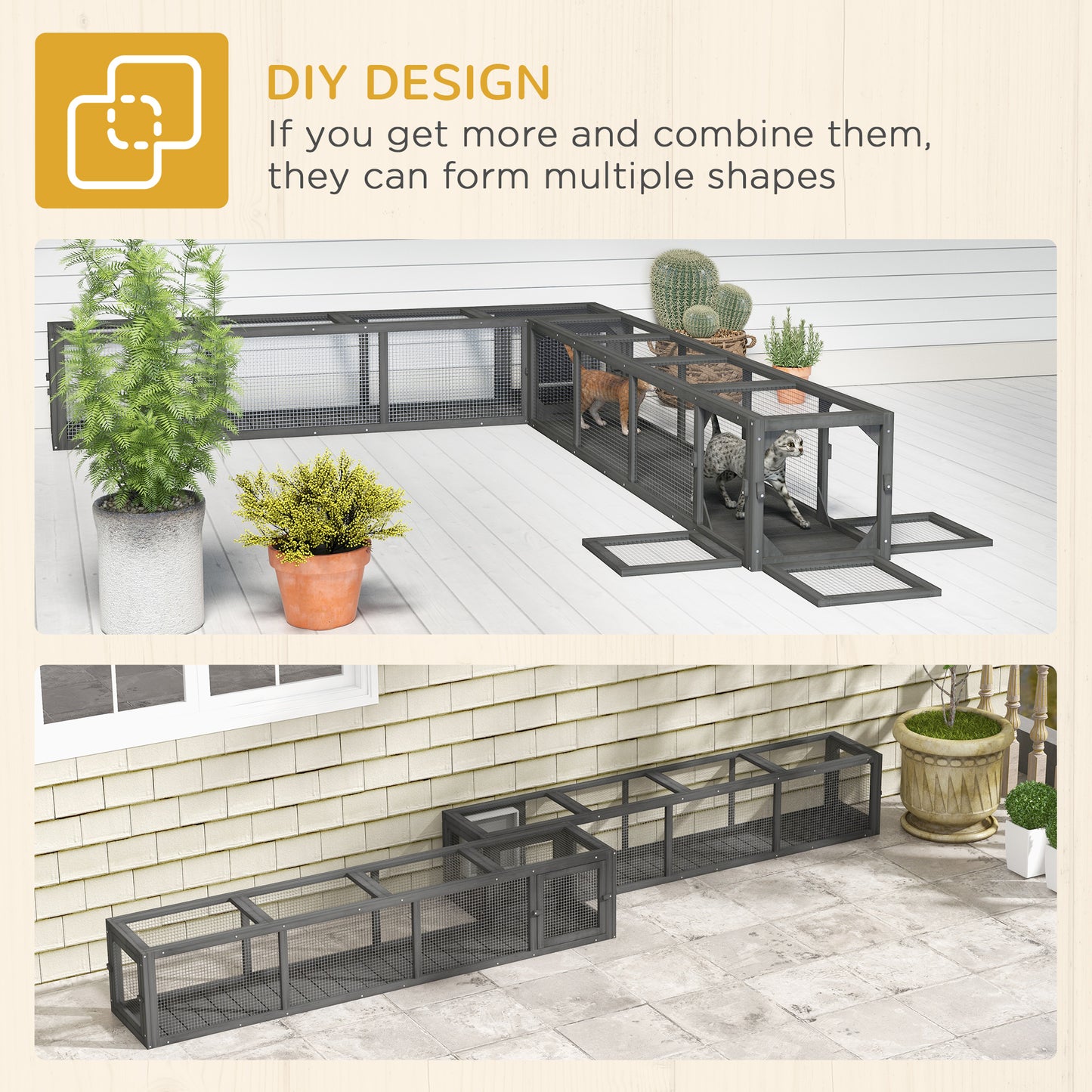 PawHut Wooden Cat Run with Weather Protection, Connecting Inside and Outside, 79"L x 15"W x 15"H, Dark Gray