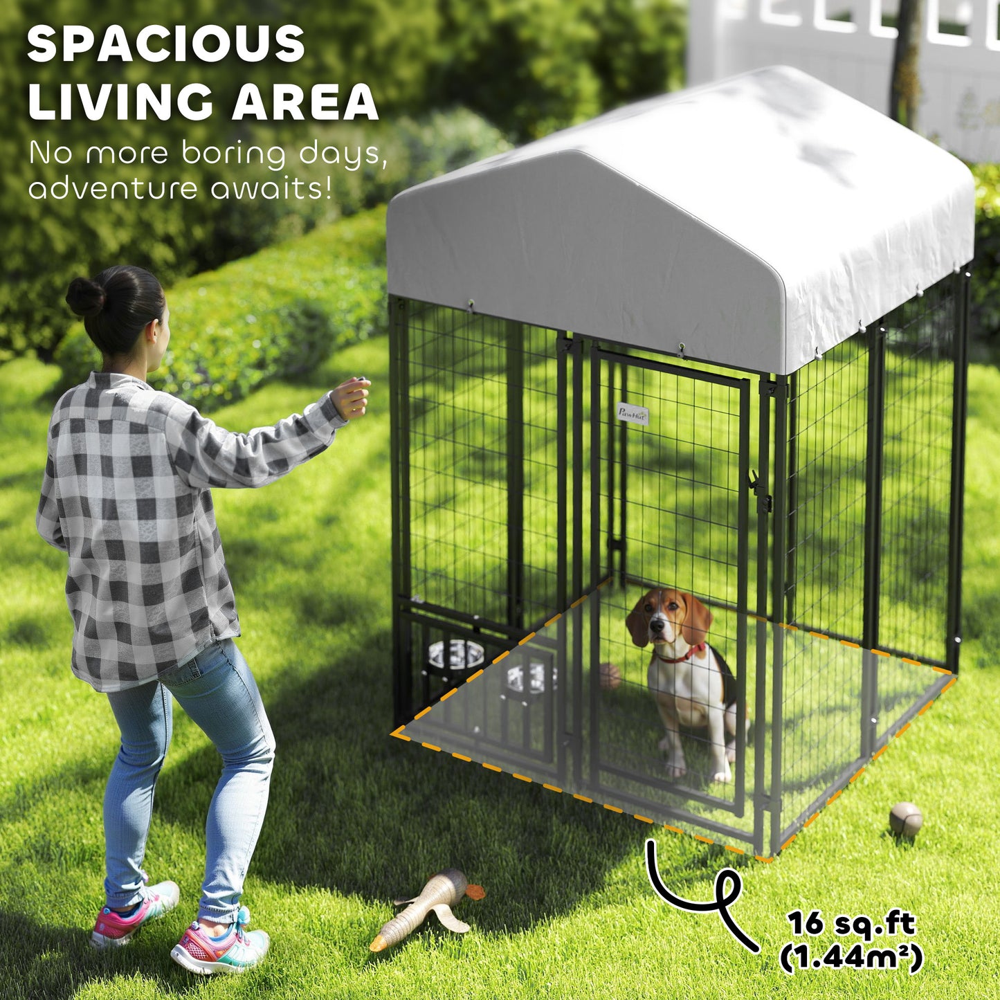 PawHut Welded Wire Outdoor Dog Kennel with 360° Rotating & 4 Levels Adjustable Bowls, Waterproof Cover, 3.9' x 3.9' x 6'