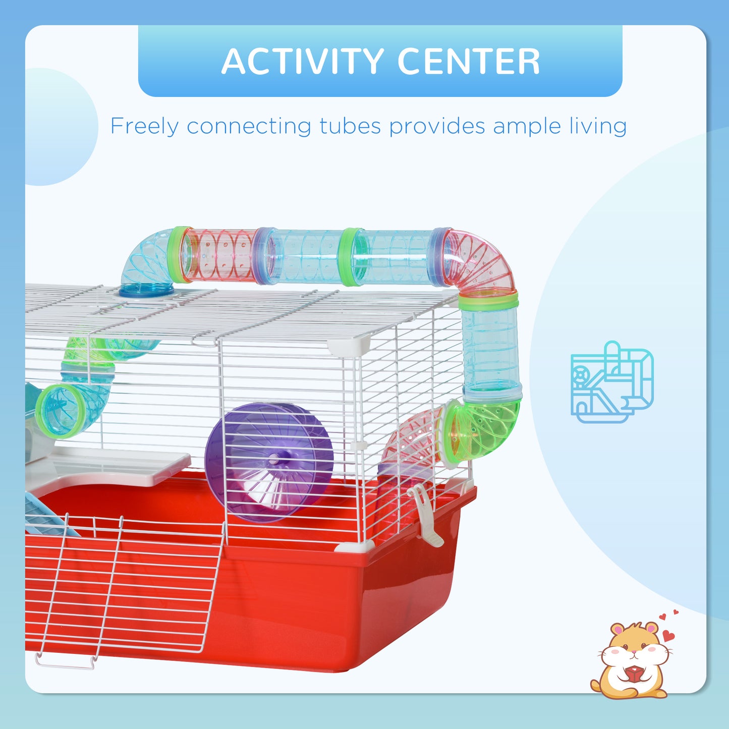 PawHut Large Hamster Cage with Tubes and Tunnels, 2-Level Steel Rat Cage, Small Animal House, Includes Exercise Wheel, Hut, Water Bottle, Food Dish, 23" x 14" x 14", Red