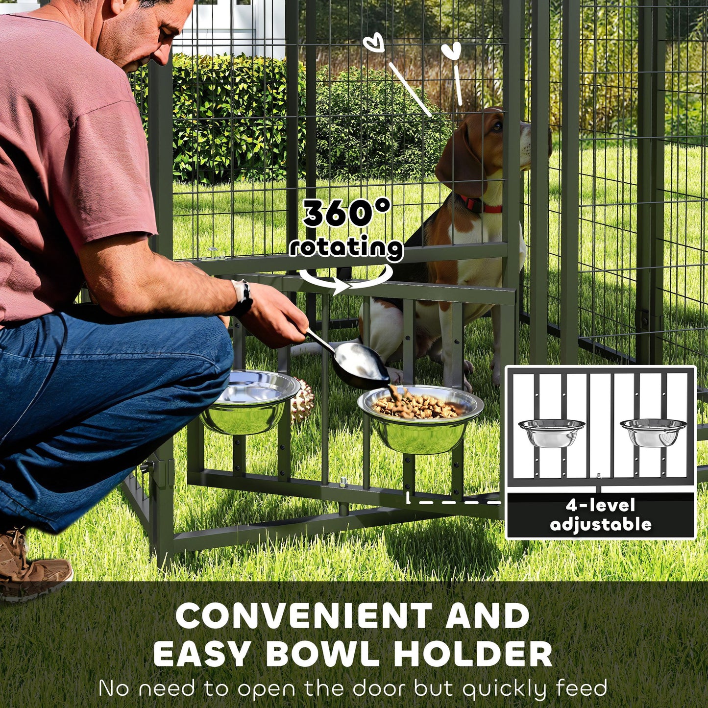 PawHut Welded Wire Outdoor Dog Kennel with 360° Rotating & 4 Levels Adjustable Bowls, Waterproof Cover, 3.9' x 3.9' x 6'