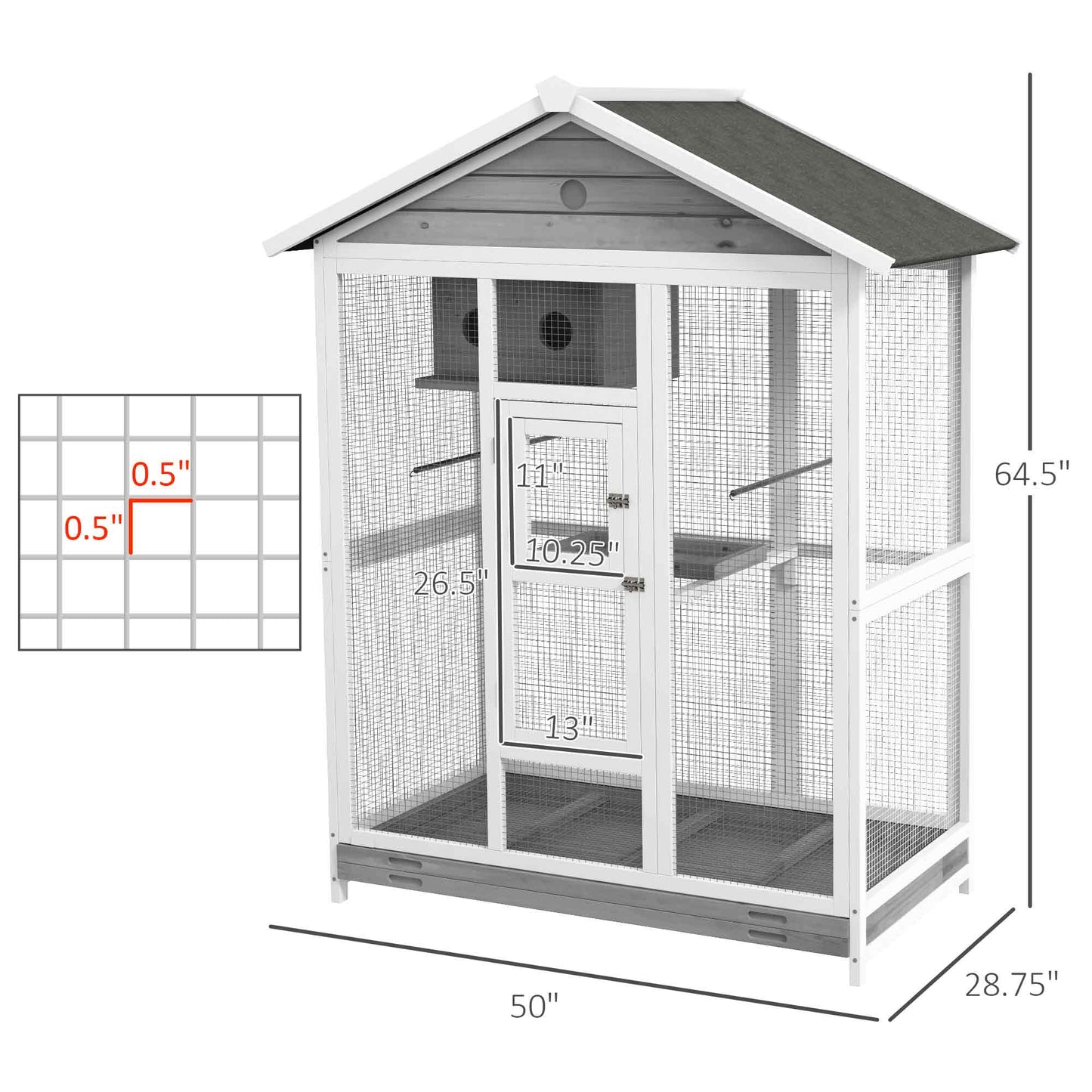 PawHut 64.5" Wooden Bird Cage Aviary, Flight Cage with 4 Perches, Nest and Slide-Out Tray for Indoor/Outdoor, Gray