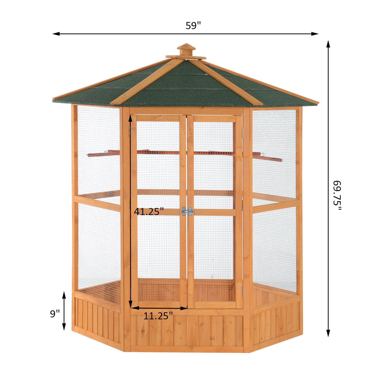 PawHut 69" Wooden Hexagonal Outdoor Aviary Flight Bird Cage With Covered Roof, Brown