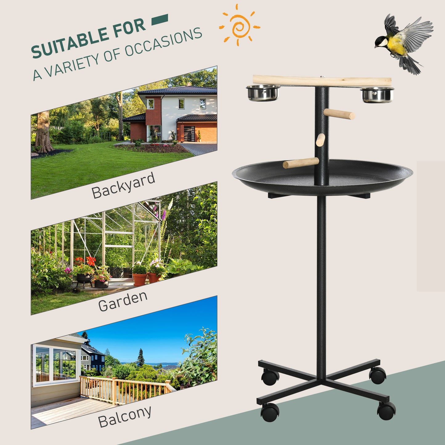 PawHut Portable Bird Play Stand, Parrot Perch Bird Feeder Station with Wheels, Stainless Steel Feeding Bowls, Tray, Gray