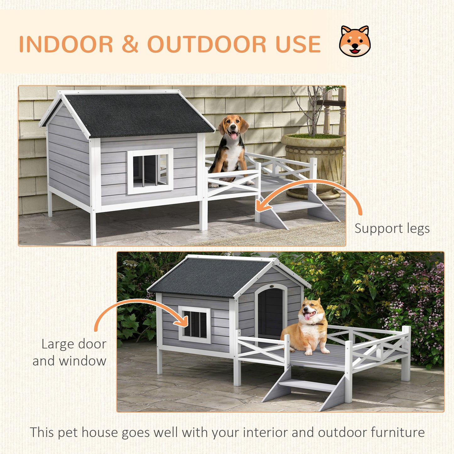 PawHut Small/Medium Dog House with Porch, Gray