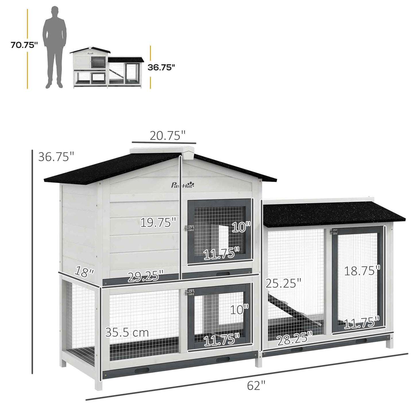 PawHut 62" Rabbit Hutch, Wooden Bunny Hutch, Guinea Pig Cage, Small Animal Enclosure with Run Area, Removable Tray, Asphalt Roof, Lockable Doors and Ramp, for Rabbits, Chickens, Ducks, White