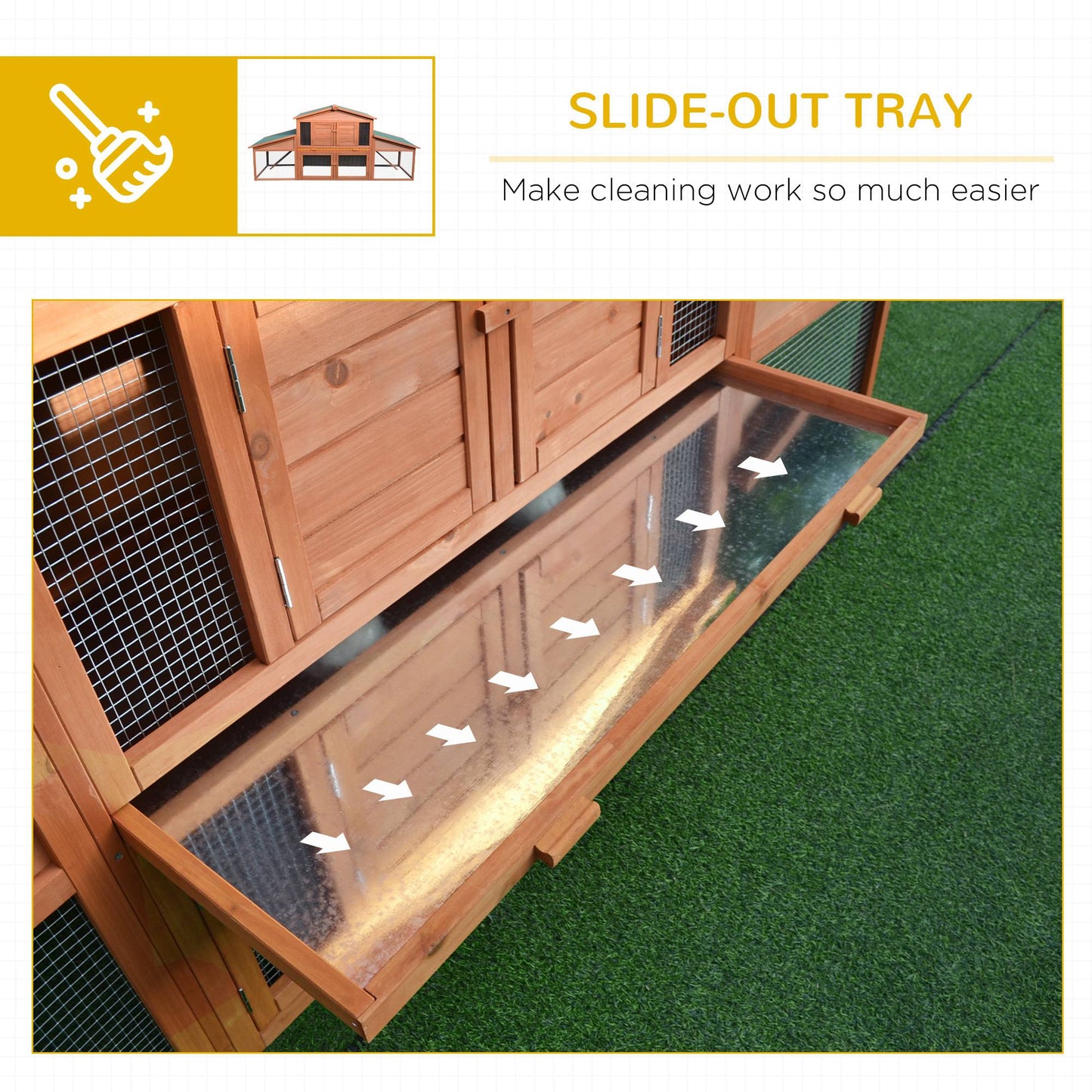 PawHut 89"L Outdoor Rabbit Hutch, Guinea Pig Cage Indoor Outdoor Wooden Bunny Hutch with Double Runs, Weatherproof Roof, Removable Tray, Ramps, Orange