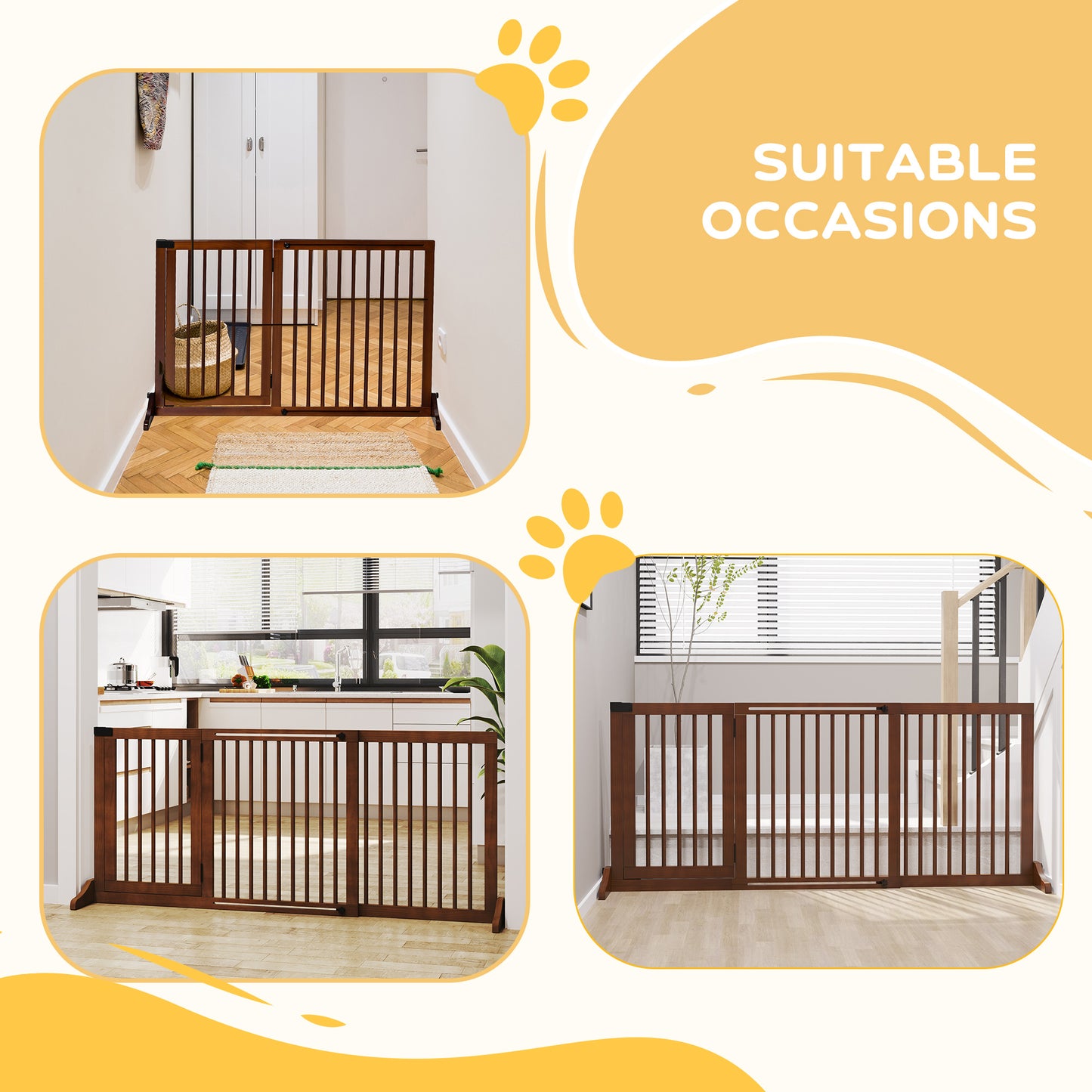 PawHut Freestanding Length Adjustable Wooden Pet Gate with Lockable Door 3 Panels, Brown