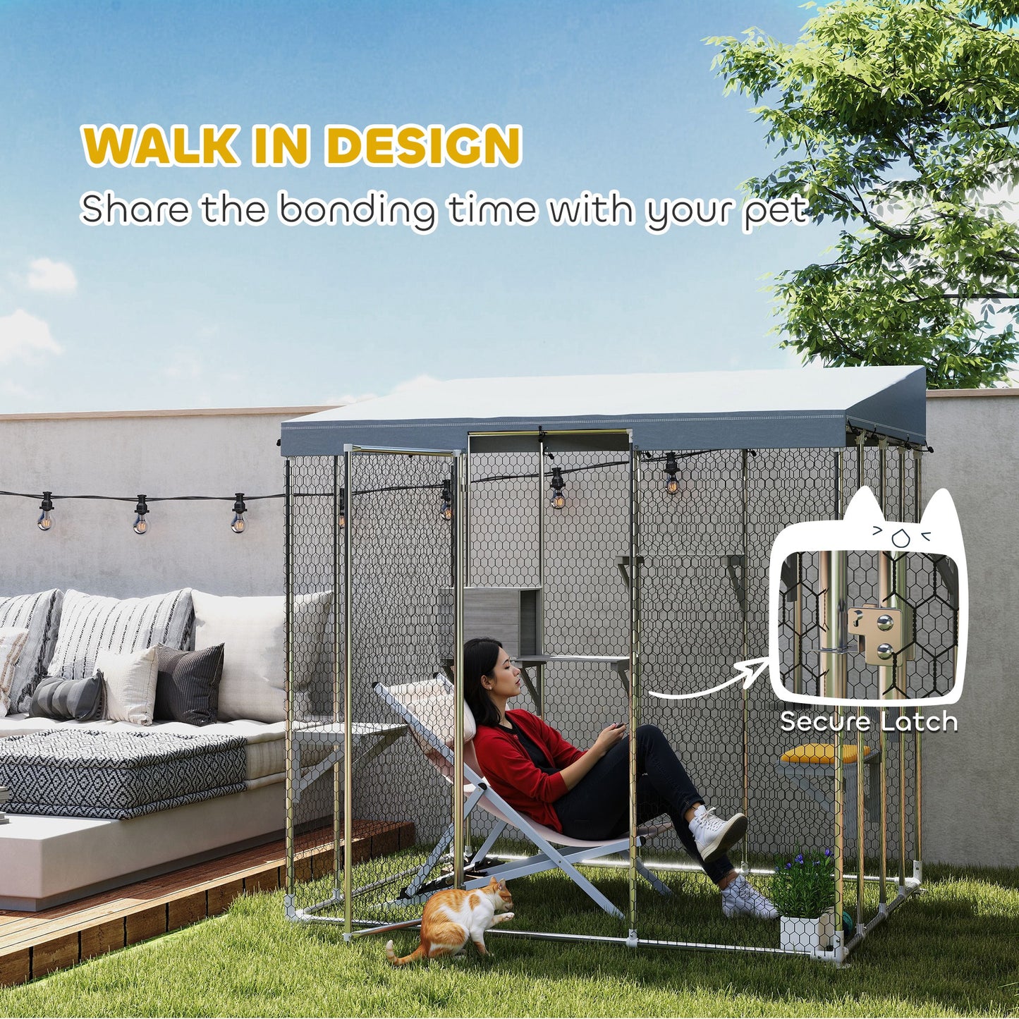 PawHut 79" Galvanized Steel Large Catio with Waterproof Canopy, Sleeping Box, Jumping Platforms, for 1-3 Kittens, Silver