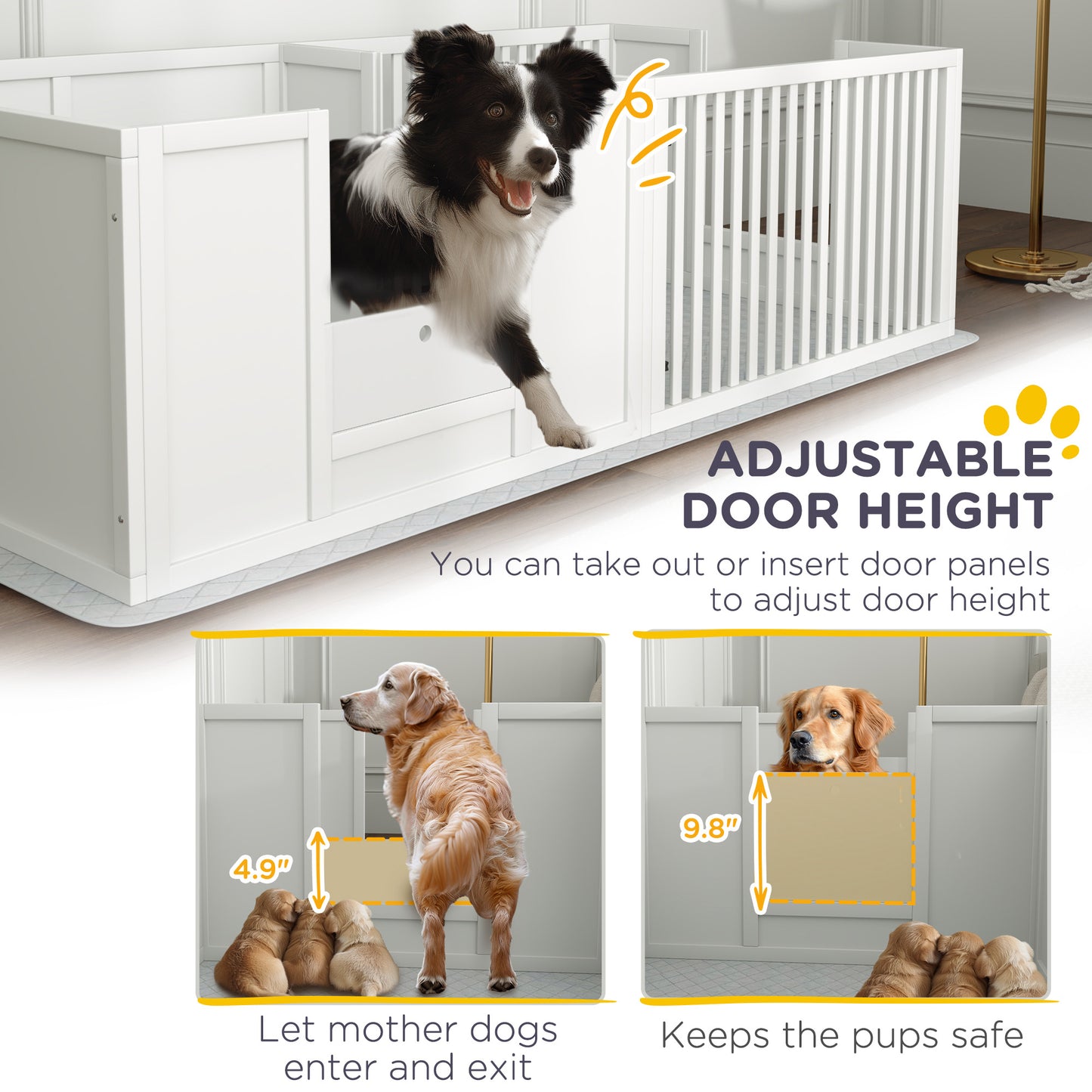 PawHut Dog Whelping Box w/ Waterproof Pee Pad & Adjustable Door for Small, Medium & Large Breed Dogs, 65" x 31.5"